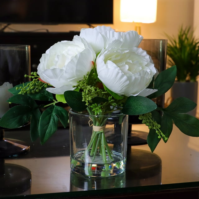 White Flowers in Clear Glass Jar, Artificial Flowers -9.5