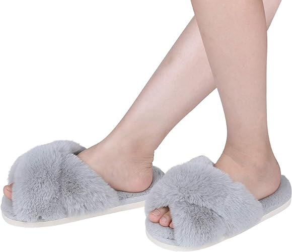 Women's Fuzzy Slippers, House Slippers, Open Toe Slippers