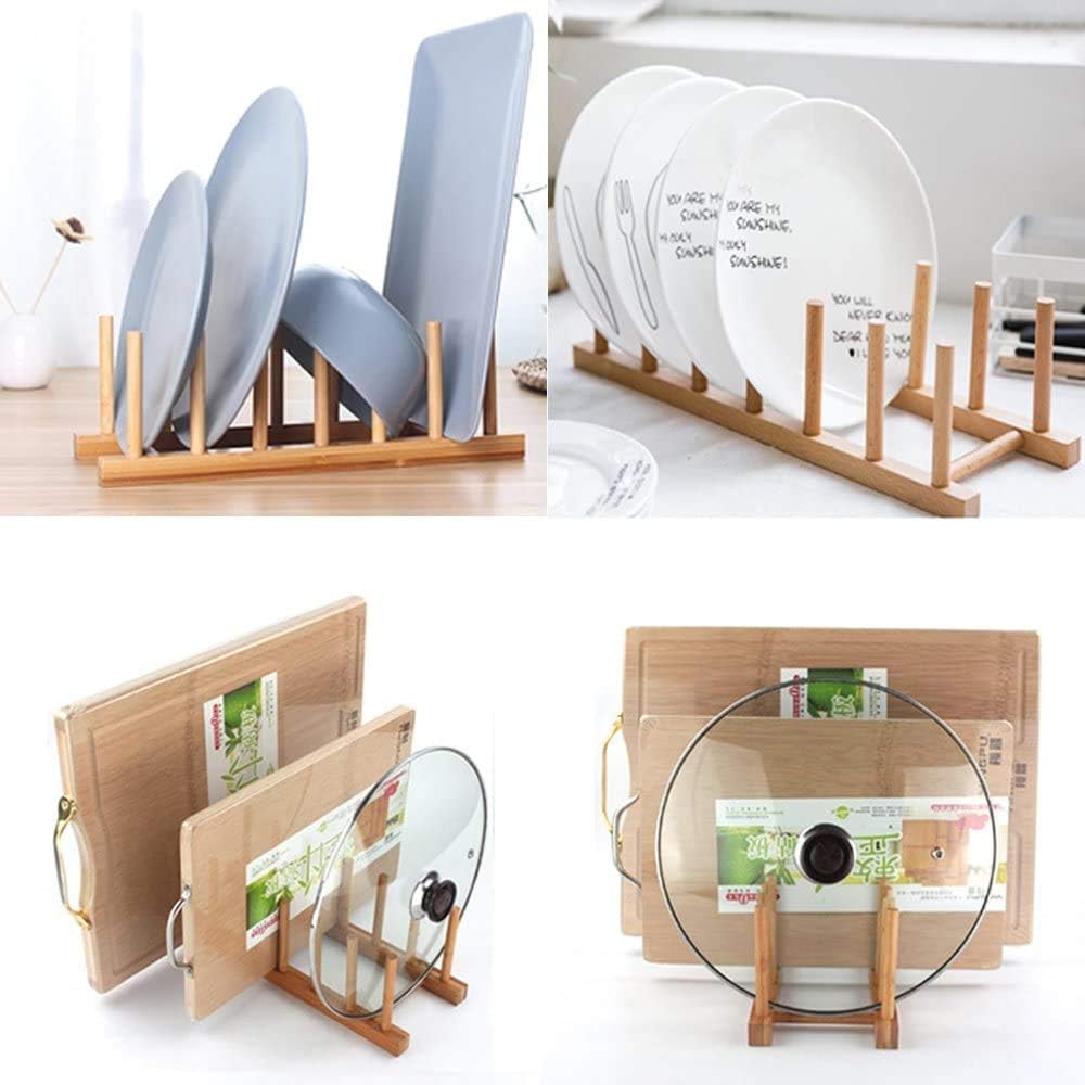 Bamboo Dish Rack, Plates Holder, Compact Kitchen Storage, Cabinet Organizer -Pack of 2