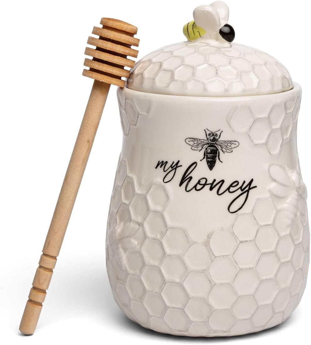 Honey Jar with wooden Hone Dipper, Farmhouse Kitchen Decor