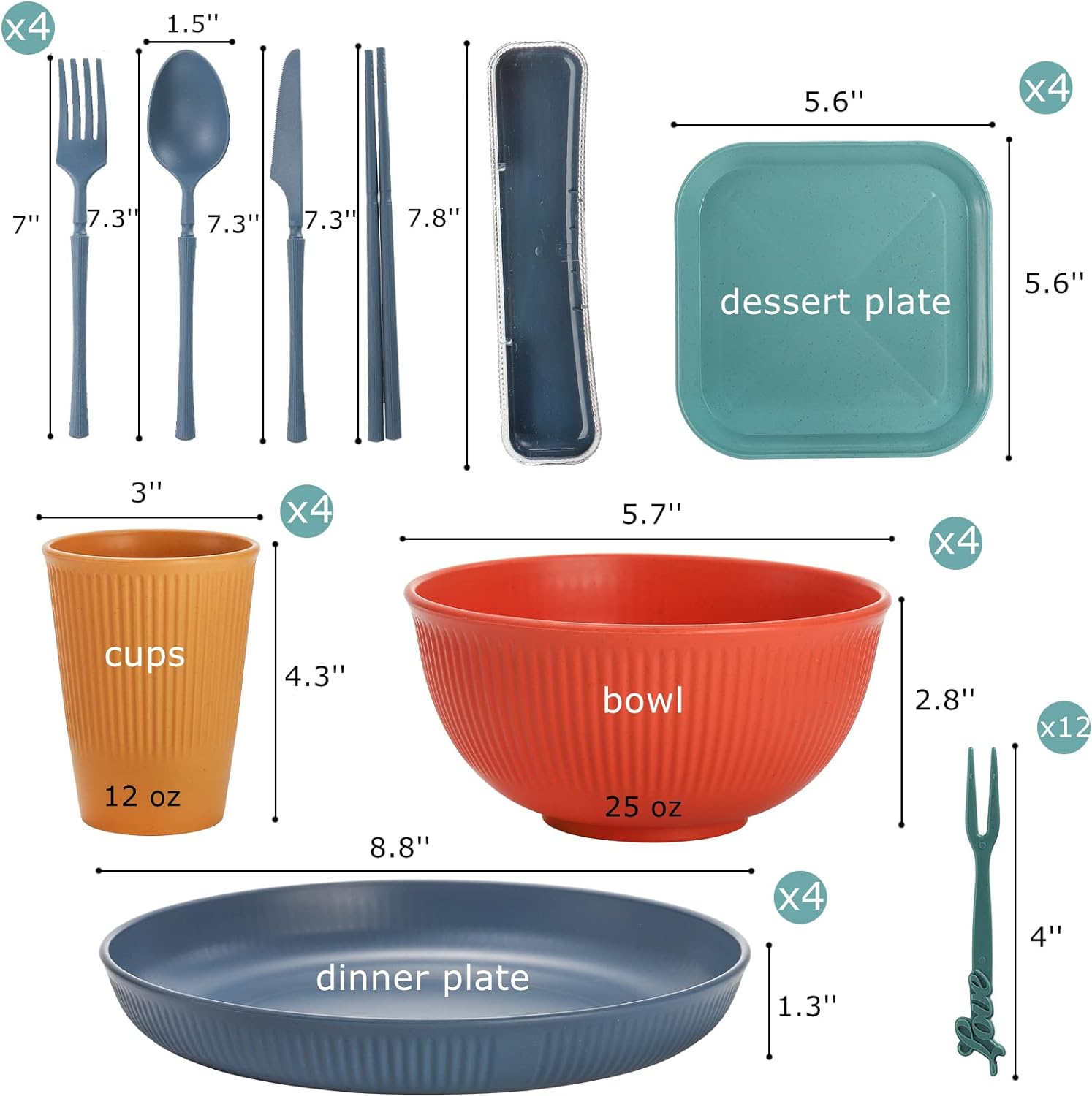 Dinnerware Sets, Unbreakable Camping Plates, Cups and Bowls Set -Pack of 44