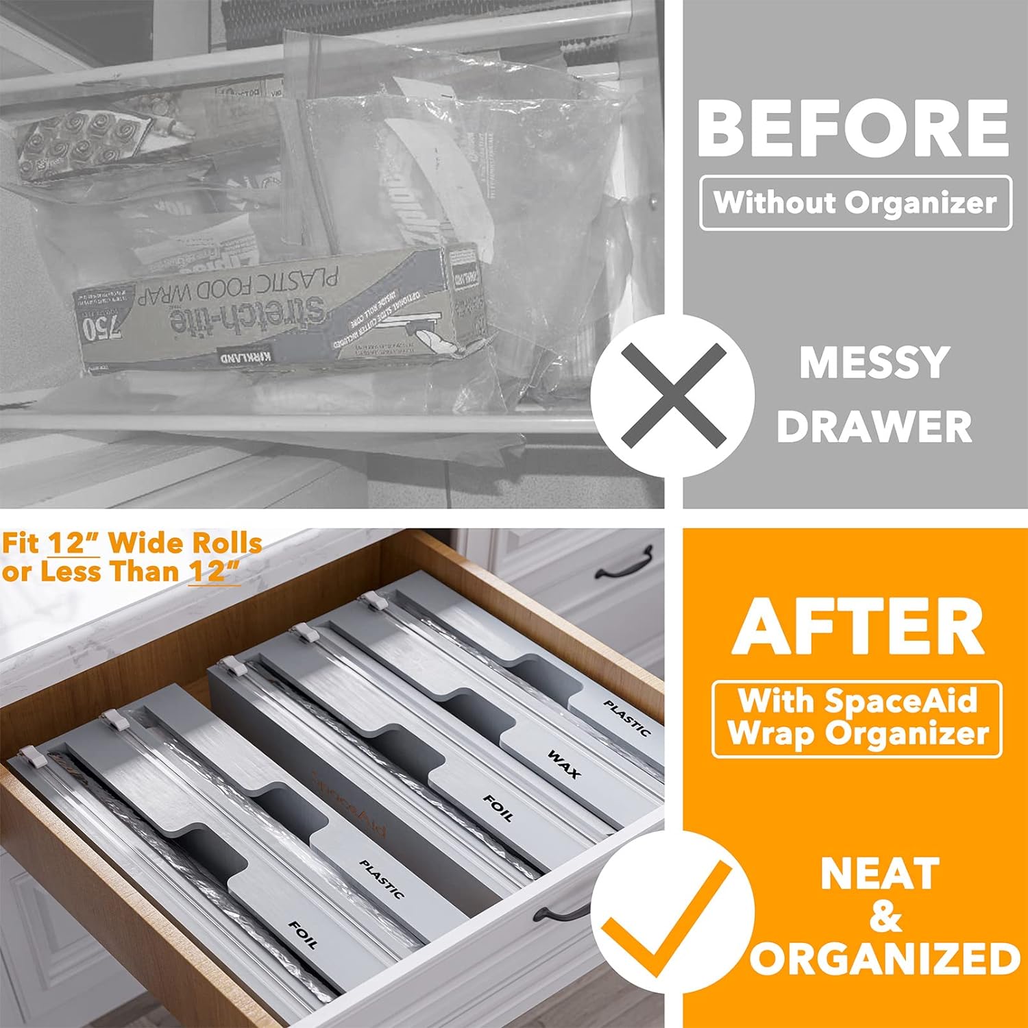 Wrap Organizer with Cutter and Labels, Plastic Wrap, Aluminum Foil and Wax Bamboo Dispenser, Storage Organization Holder -2 in 1 (12