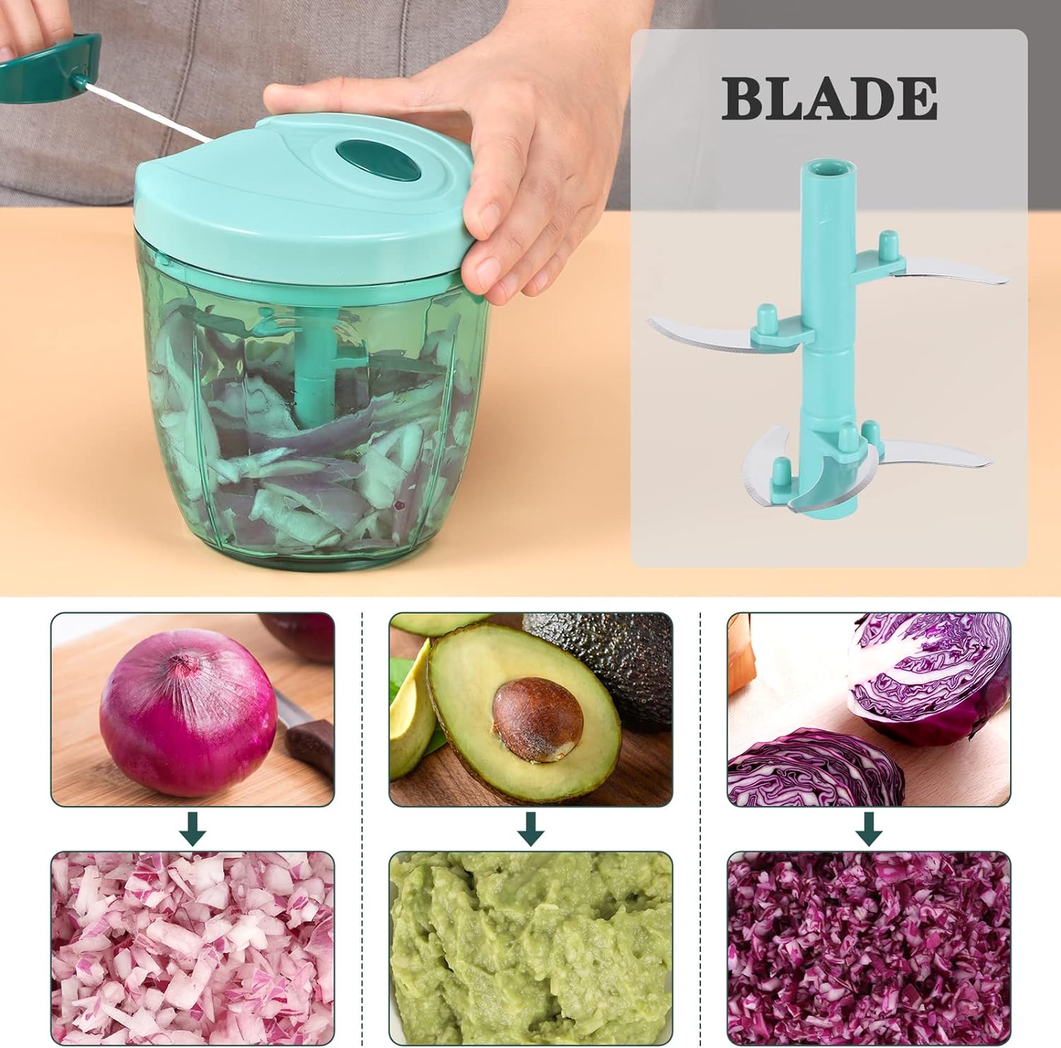 Manual Food Chopper, Vegetable Cutter, Chopper, Hand String Chopper, Smoothie Blender -900ml