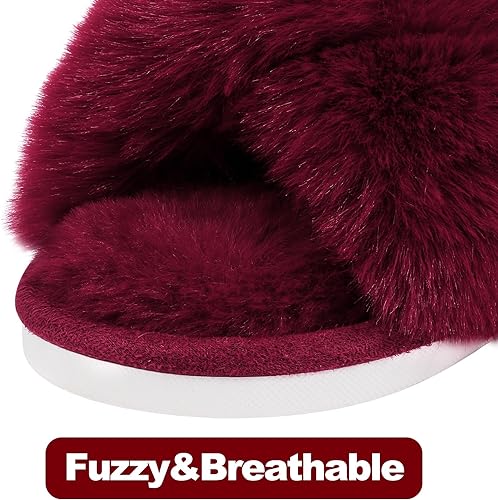 Women's Fuzzy Slippers, House Slippers, Open Toe Slippers