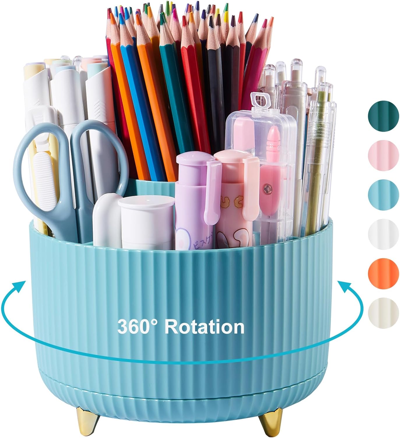 Desk Pencil Pen Holder, Rotating Desk Pen Organizers for Desk, Desktop Storage, Stationery Supplies for Office, School, Home -5 Slots