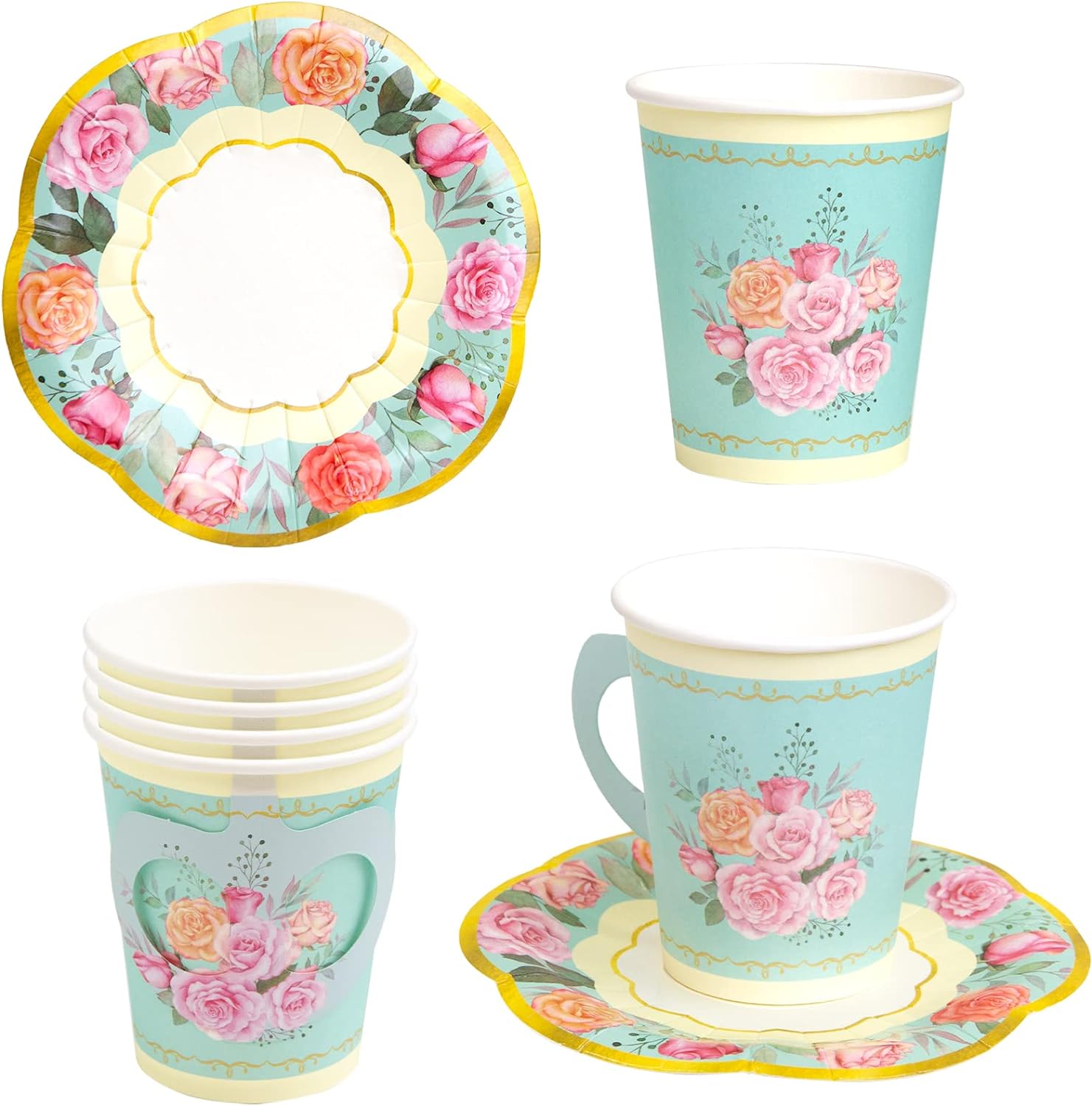 Tea Party Decorations, Paper Cups and Saucers, Disposable  Cups - 24 Sets