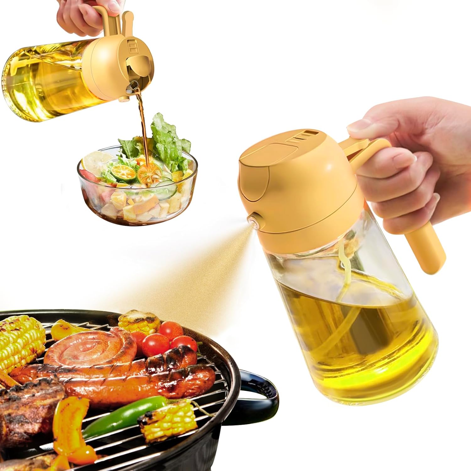 Oil Sprayer, Oil Dispenser Bottle, Glass Oil Bottle, Oil Spray Bottle, Food-grade Oil Mister for Air Fryer, Salad, Frying, BBQ -17oz/500ml (2 in 1)