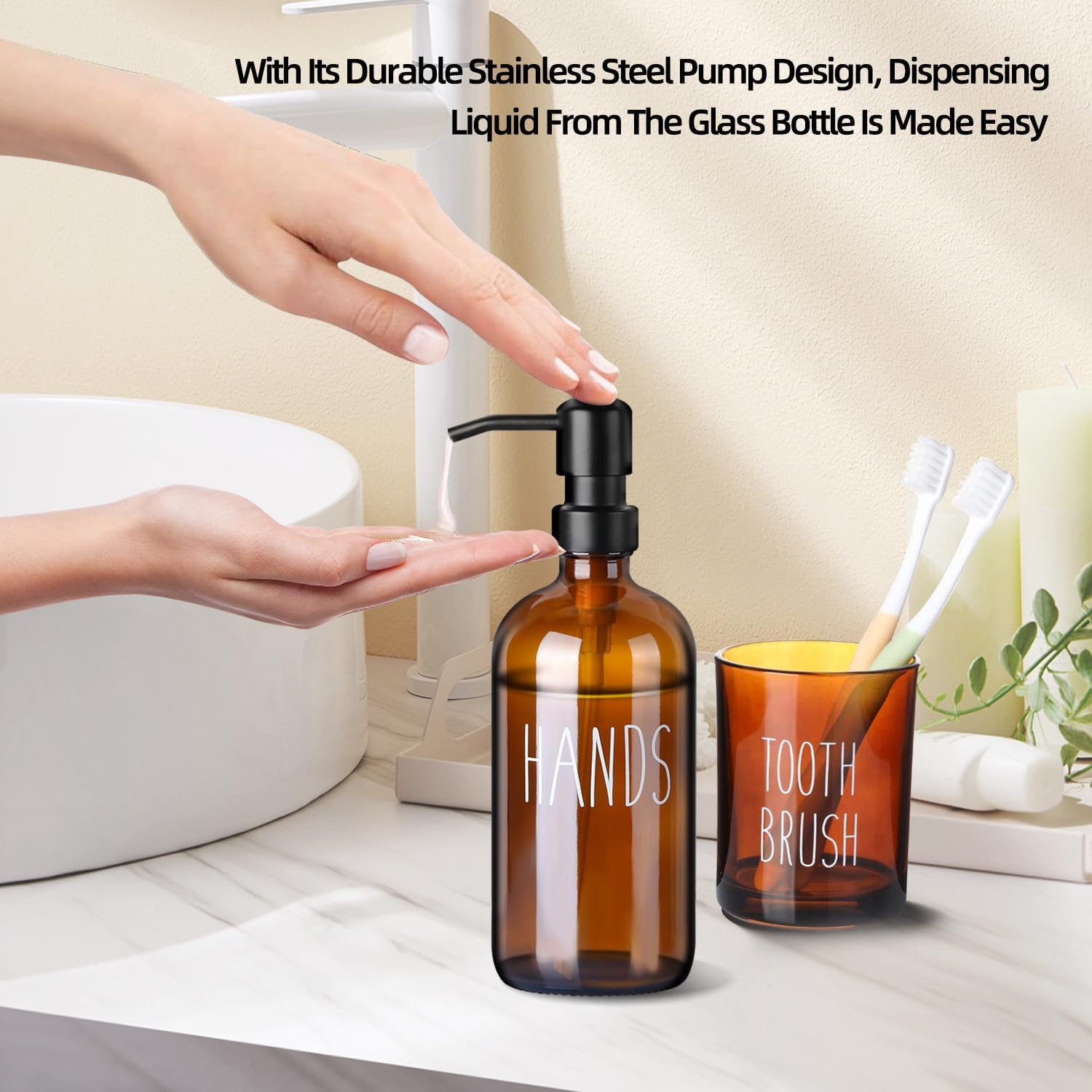 Bathroom Accessories Set, Glass Soap Dispenser, Soap and Toothbrush Holder, Qtip and Cotton Ball Holder -5 Pcs