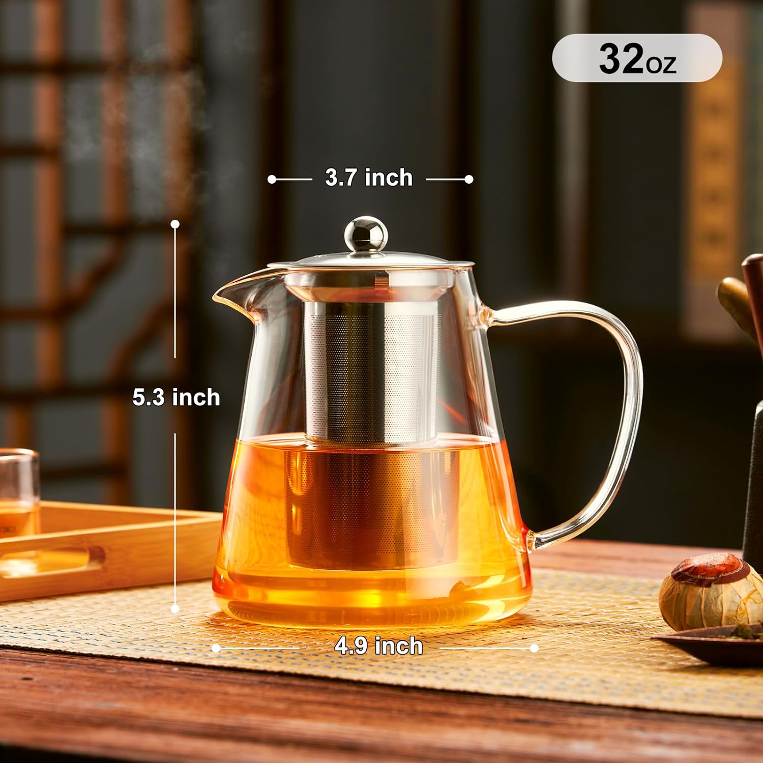 Glass Teapot Stovetop, Clear Tea Kettle, Teapot, Tea Maker, Tea Brewer, Removable 18/8 Stainless Steel Infuser -(950ML)