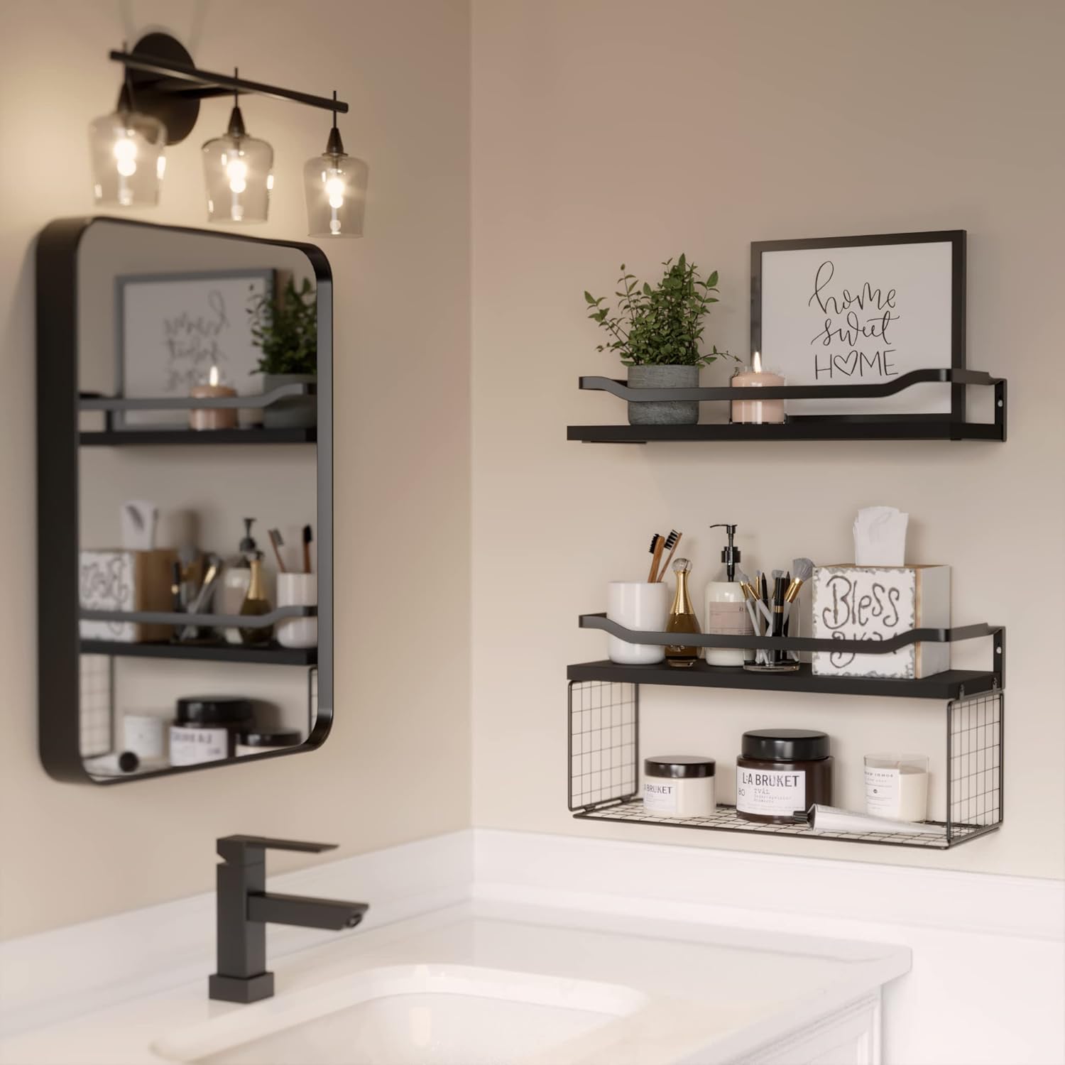 Floating Shelves with Wire Storage Basket, Bathroom Shelves, Wall Shelves