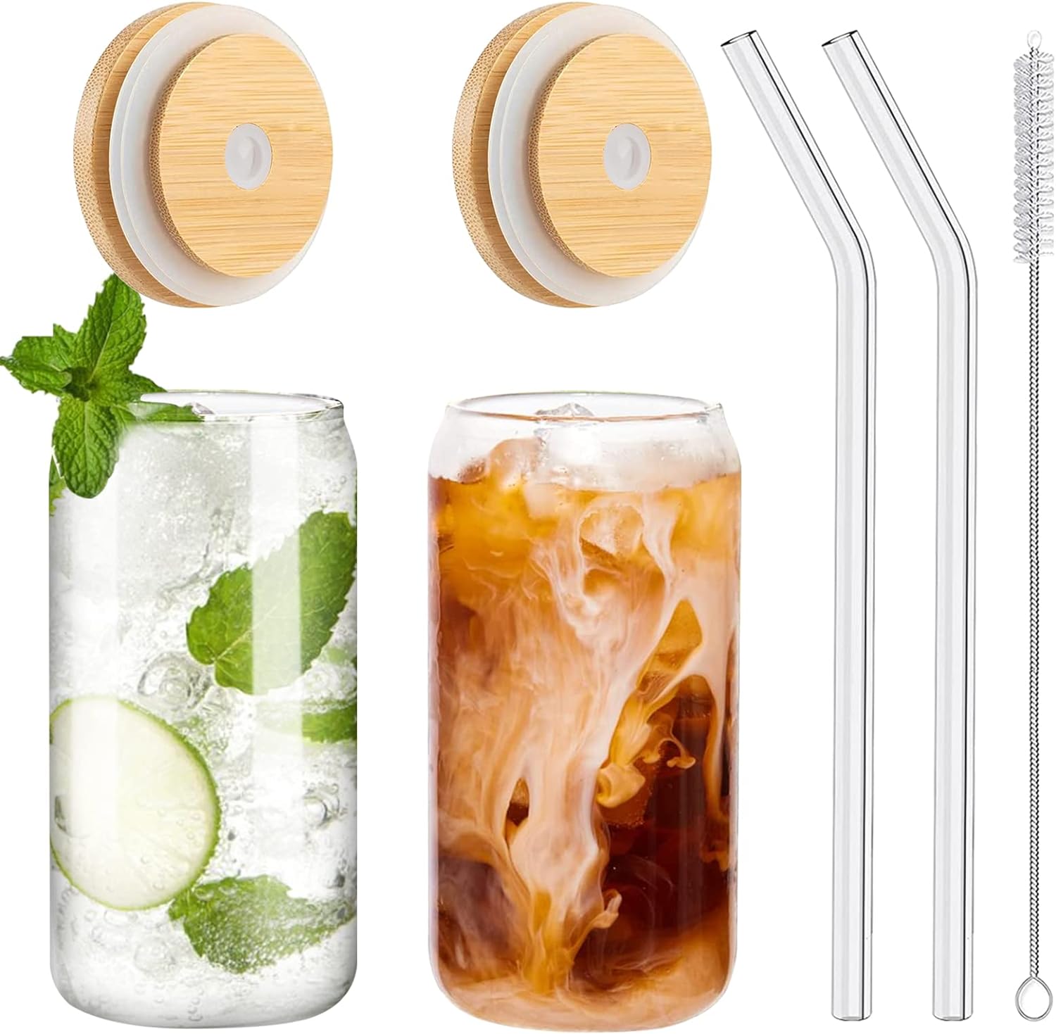 Drinking Glasses with Bamboo Lids, Glasses with Glass Straw, Can Shaped Glass Cups with Lids and Straws, Beer Glasses with Cleaning Brushes -Pack of 2 (16oz )