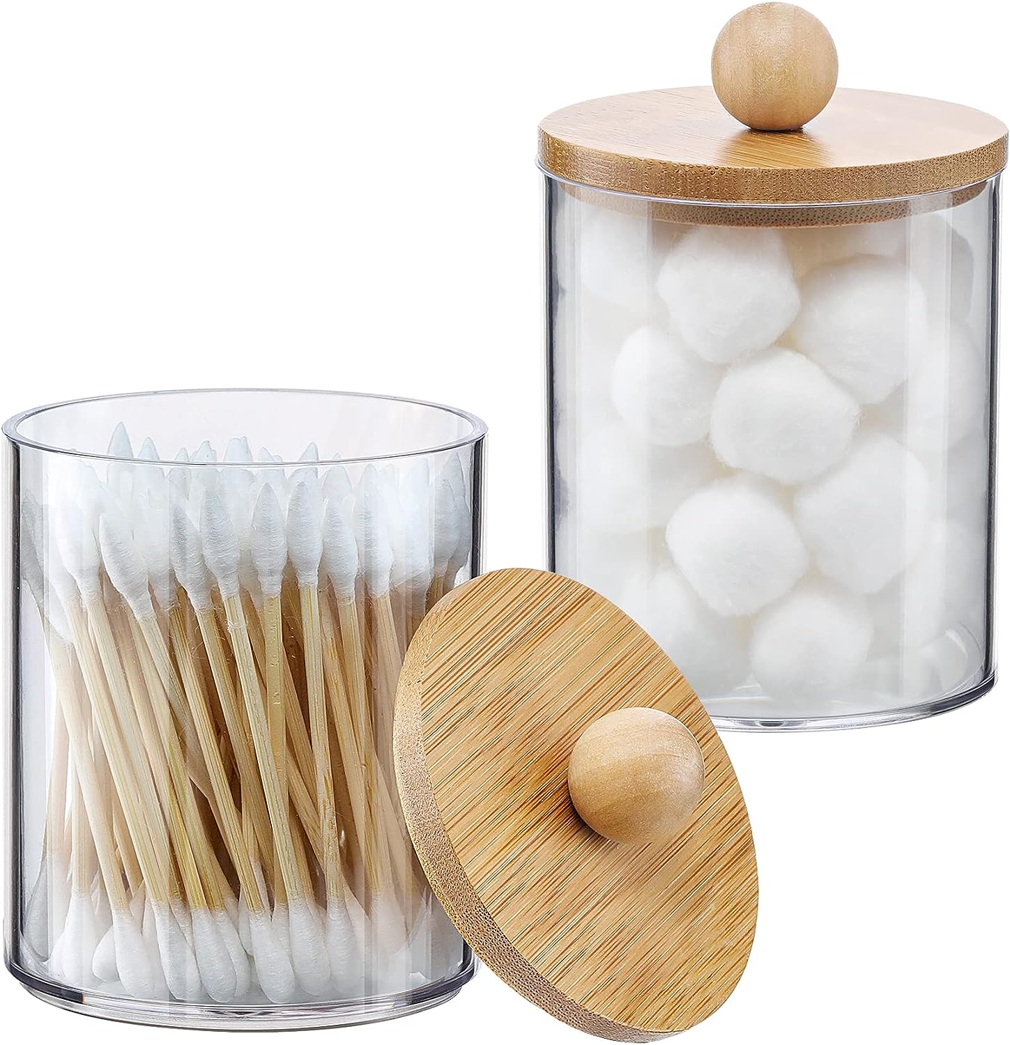 Holder Dispenser with Bamboo Lids, Clear Plastic Jar, Containers for Vanity, Storage Jars, Bathroom Accessories Set for Cotton Swab -10 oz (4 Pcs)