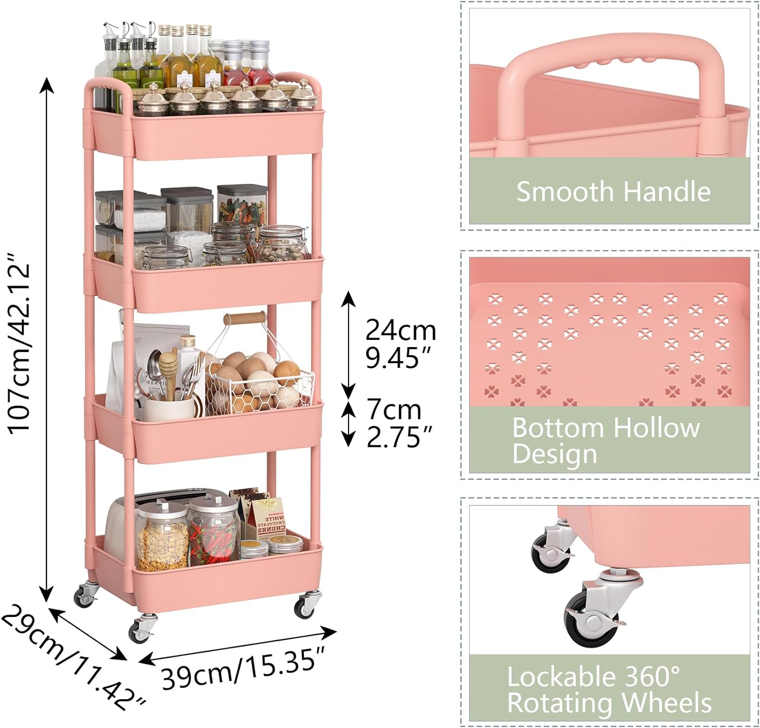 Plastic Rolling Utility Cart, Storage Trolley, Movable Storage Organizer, Storage Cart -3 Tier