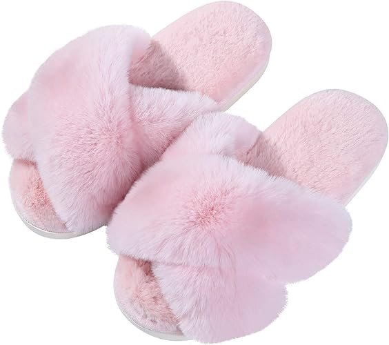 Women's Fuzzy Slippers, House Slippers, Open Toe Slippers