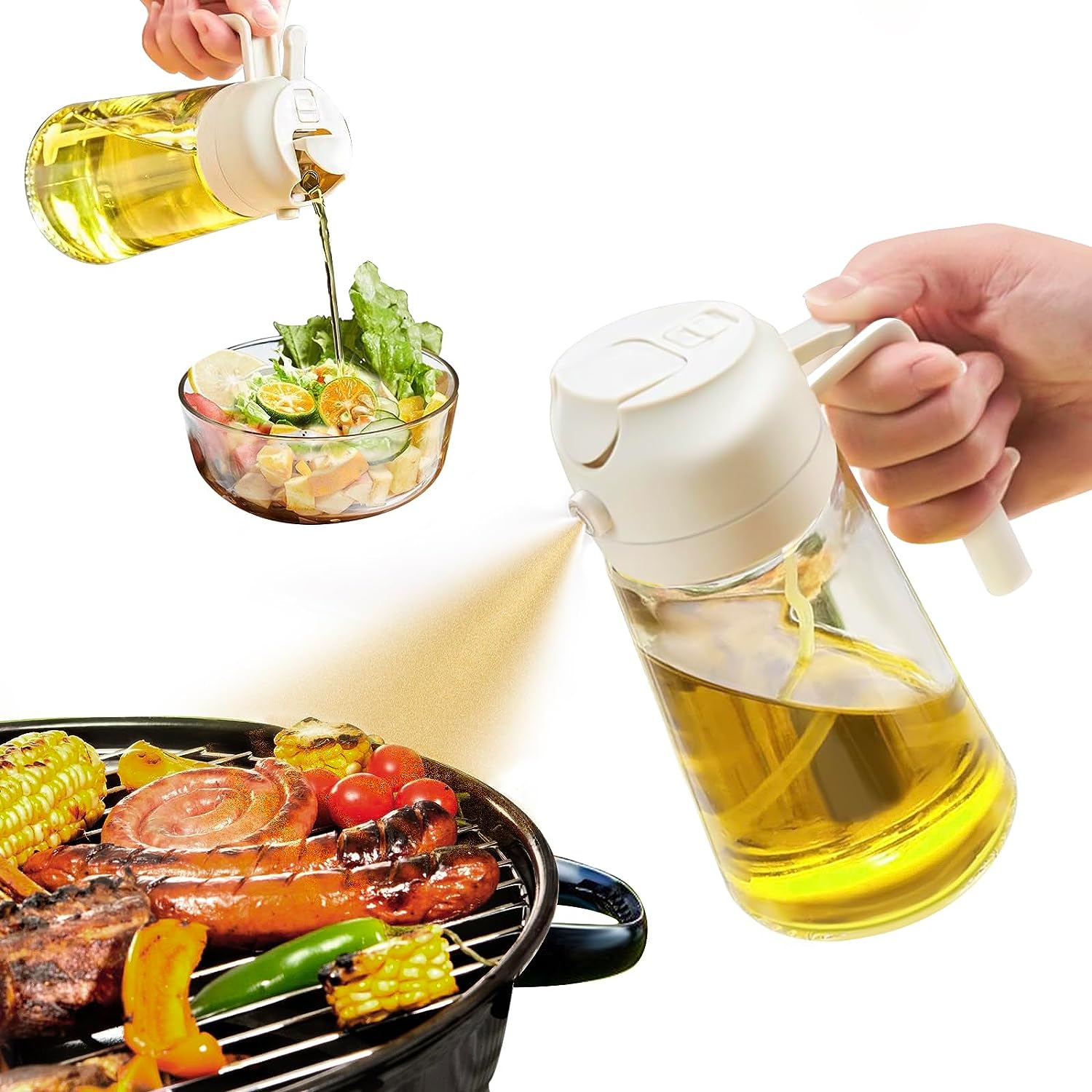 Oil Sprayer, Oil Dispenser Bottle, Glass Oil Bottle, Oil Spray Bottle, Food-grade Oil Mister for Air Fryer, Salad, Frying, BBQ -17oz/500ml (2 in 1)