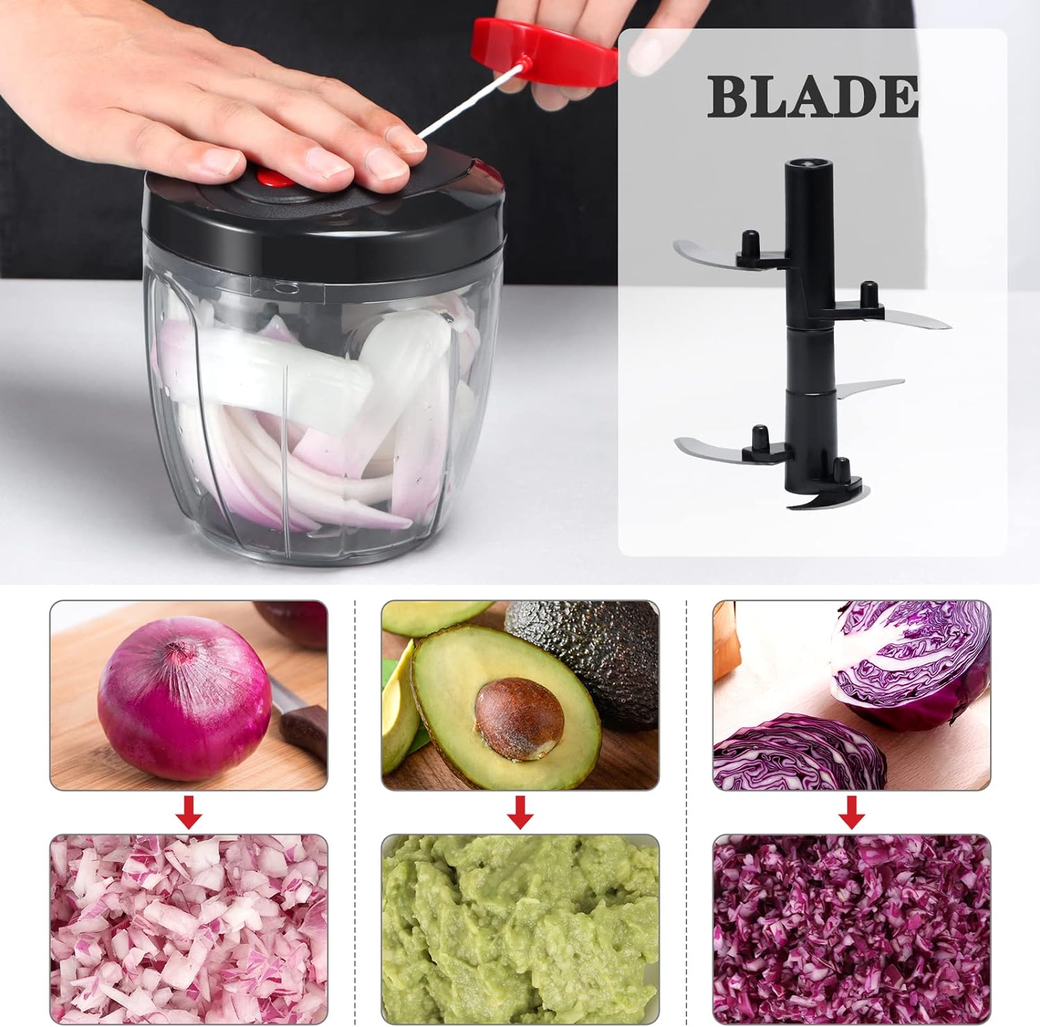 Manual Food Chopper, Vegetable Cutter, Chopper, Hand String Chopper, Smoothie Blender -900ml