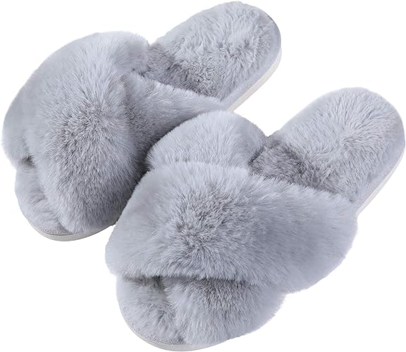 Women's Fuzzy Slippers, House Slippers, Open Toe Slippers