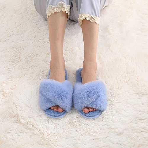 Women's Fuzzy Slippers, House Slippers, Open Toe Slippers