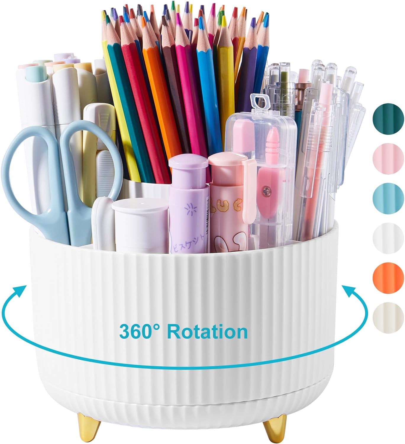 Desk Pencil Pen Holder, Rotating Desk Pen Organizers for Desk, Desktop Storage, Stationery Supplies for Office, School, Home -5 Slots