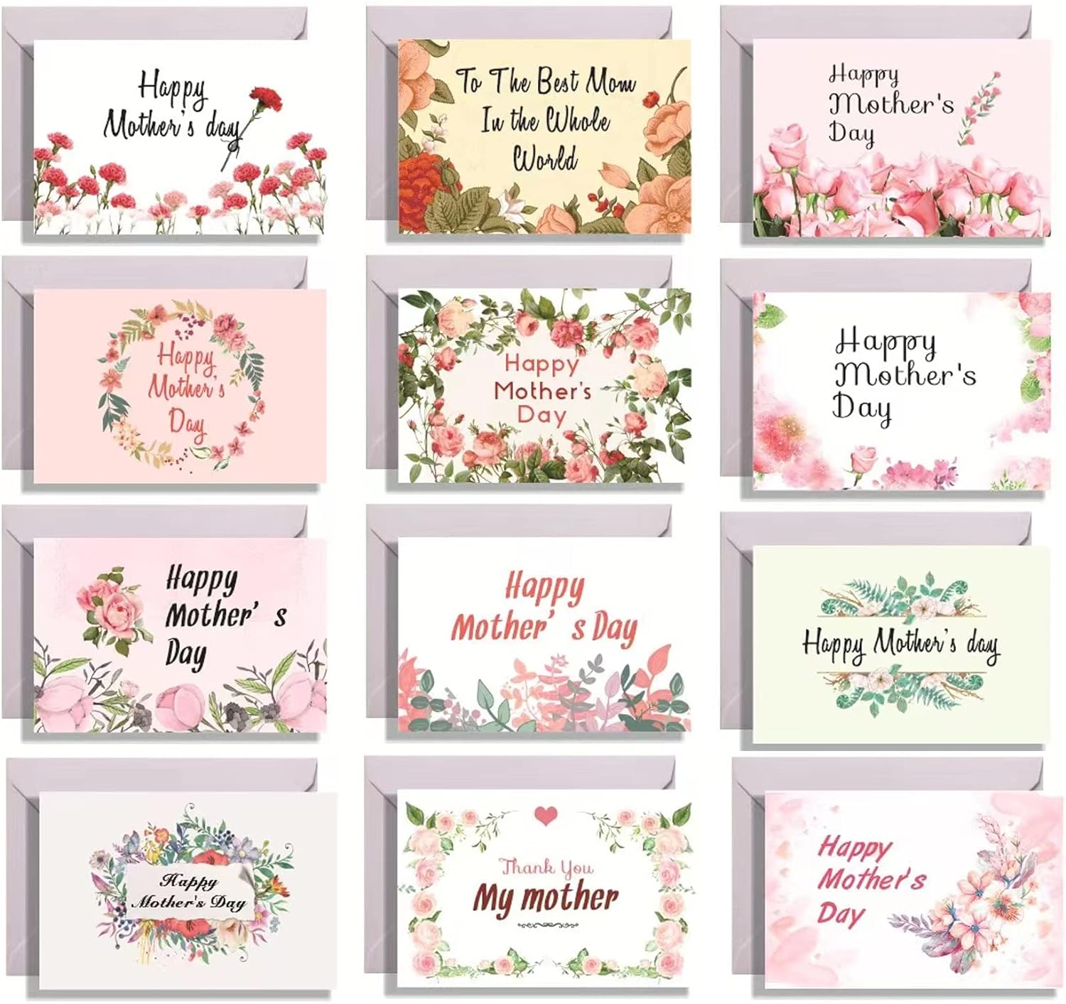 Happy Mothers day Cards, Floral Mother's Day Greeting Card, Note Cards with Envelopes -12 Assorted Designs