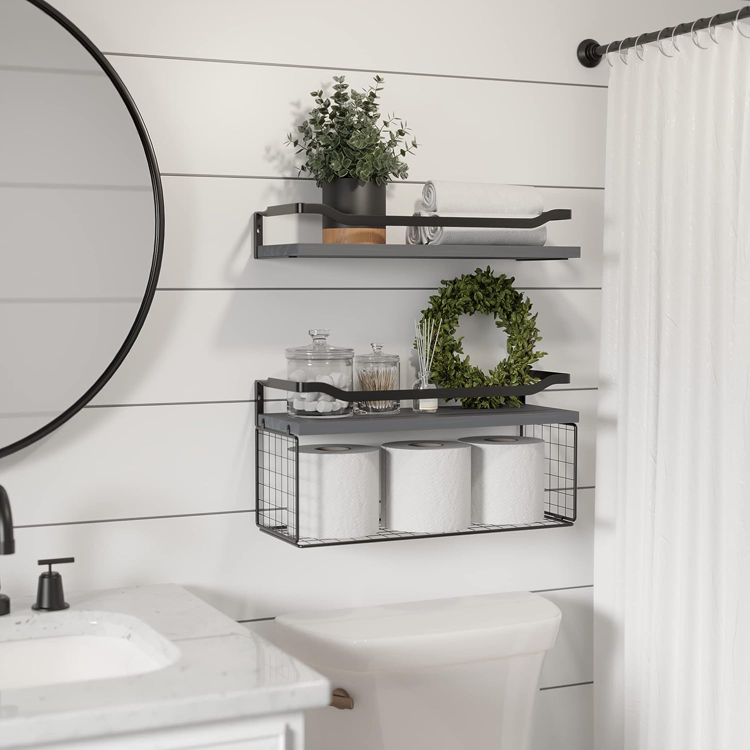 Floating Shelves with Wire Storage Basket, Bathroom Shelves, Wall Shelves