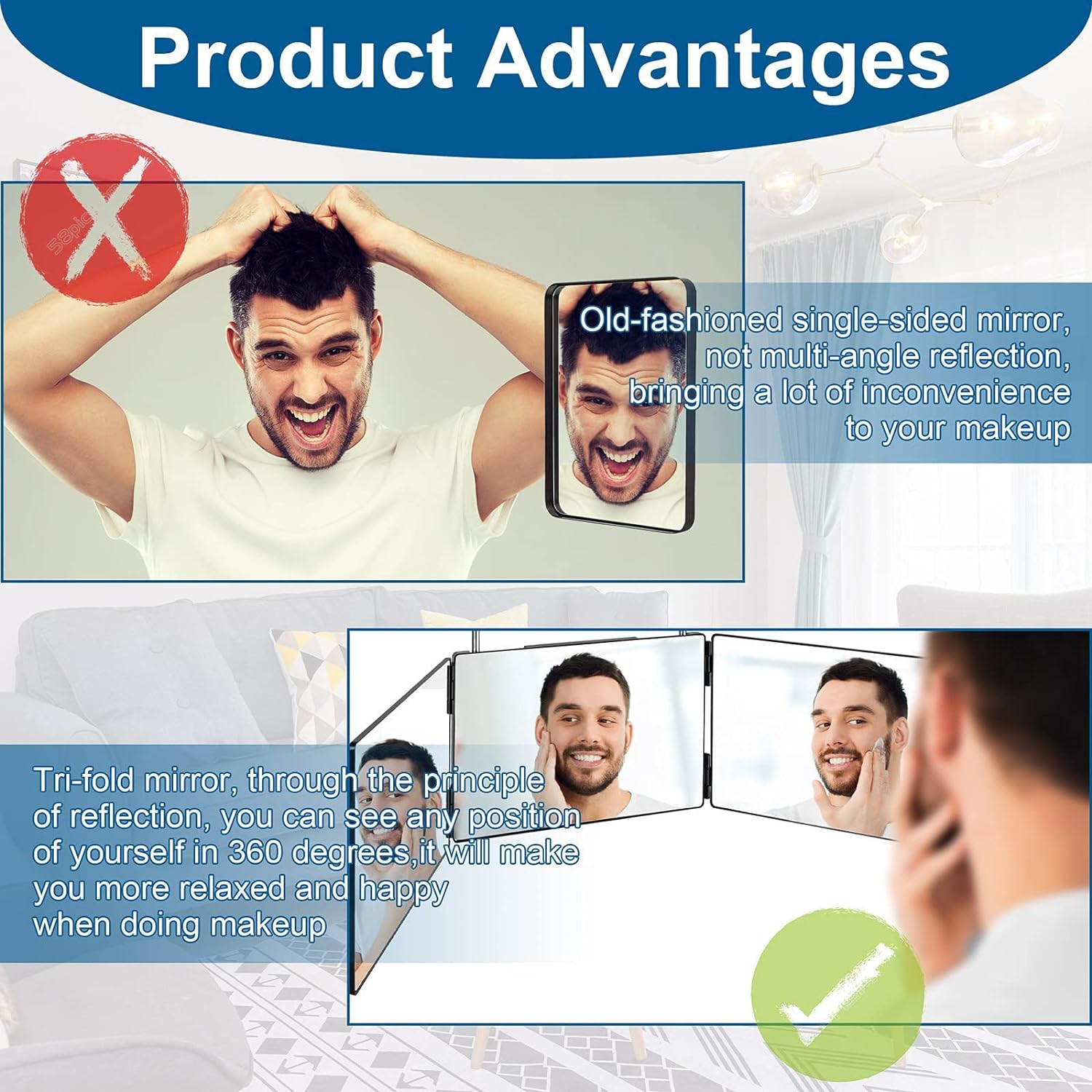 3 Way Mirror for Self Hair Cutting, Haircuts Mirror, Mirror for Men, Tri Fold Mirror