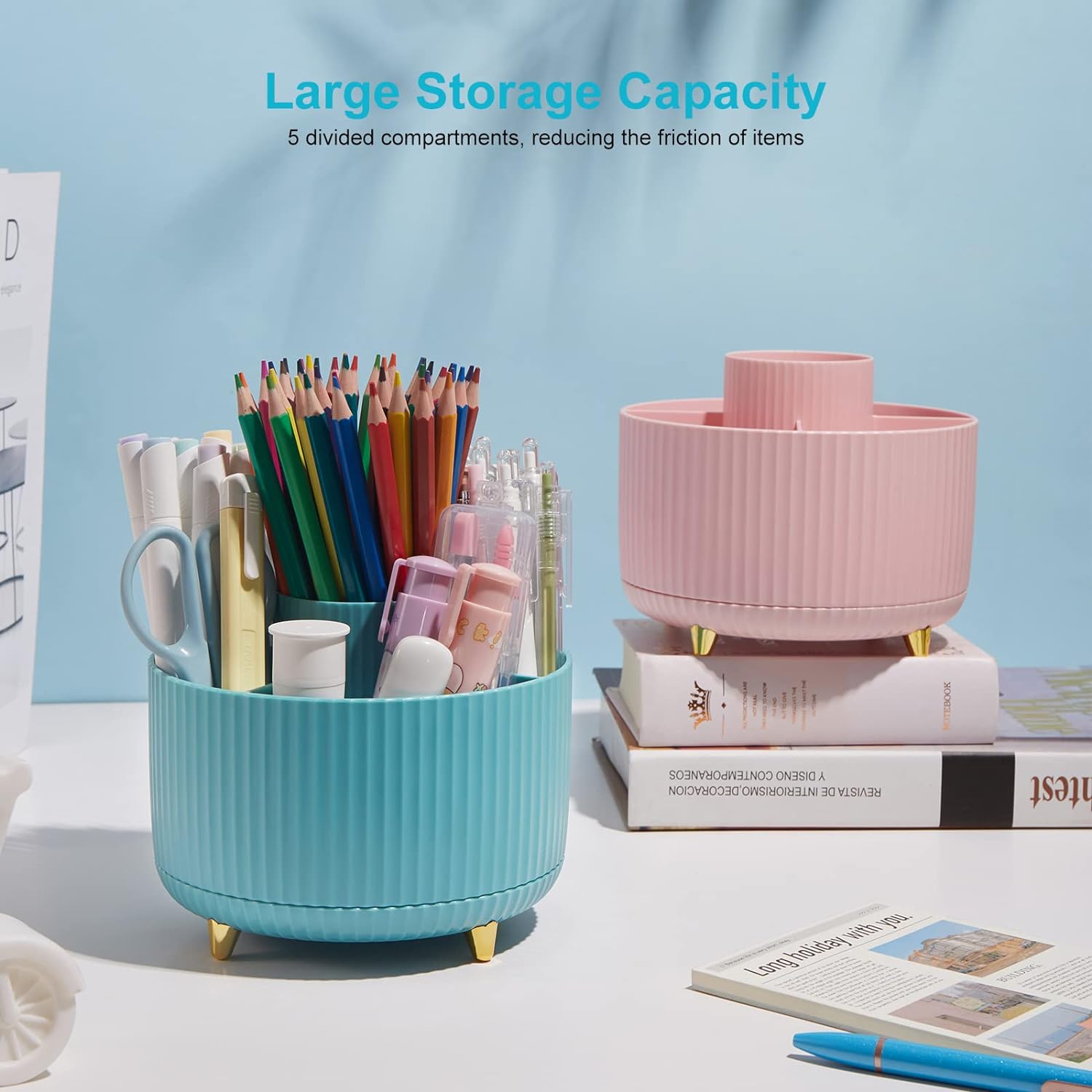 Desk Pencil Pen Holder, Rotating Desk Pen Organizers for Desk, Desktop Storage, Stationery Supplies for Office, School, Home -5 Slots