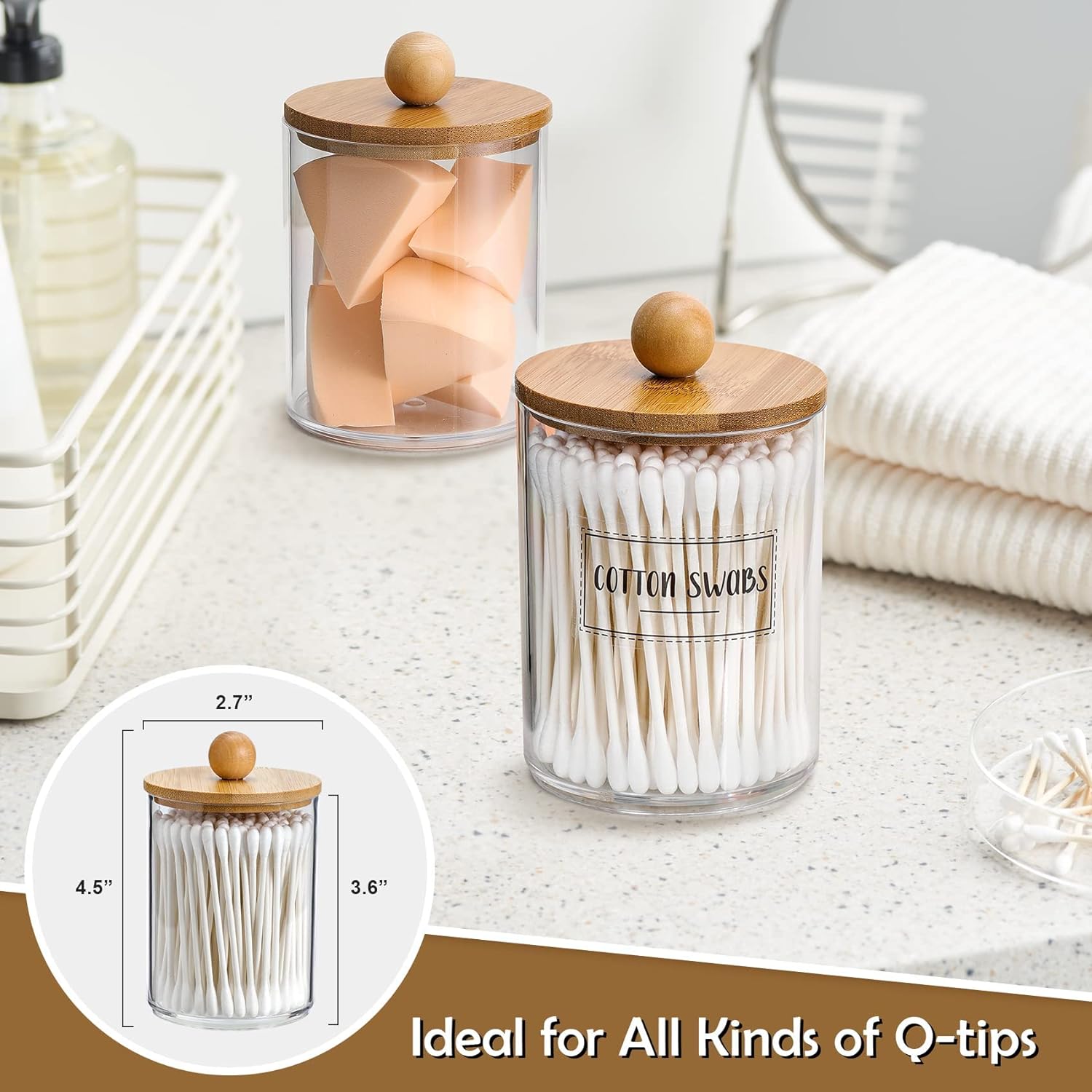 Holder Dispenser with Bamboo Lids, Clear Plastic Jar, Containers for Vanity, Storage Jars, Bathroom Accessories Set for Cotton Swab -10 oz (4 Pcs)