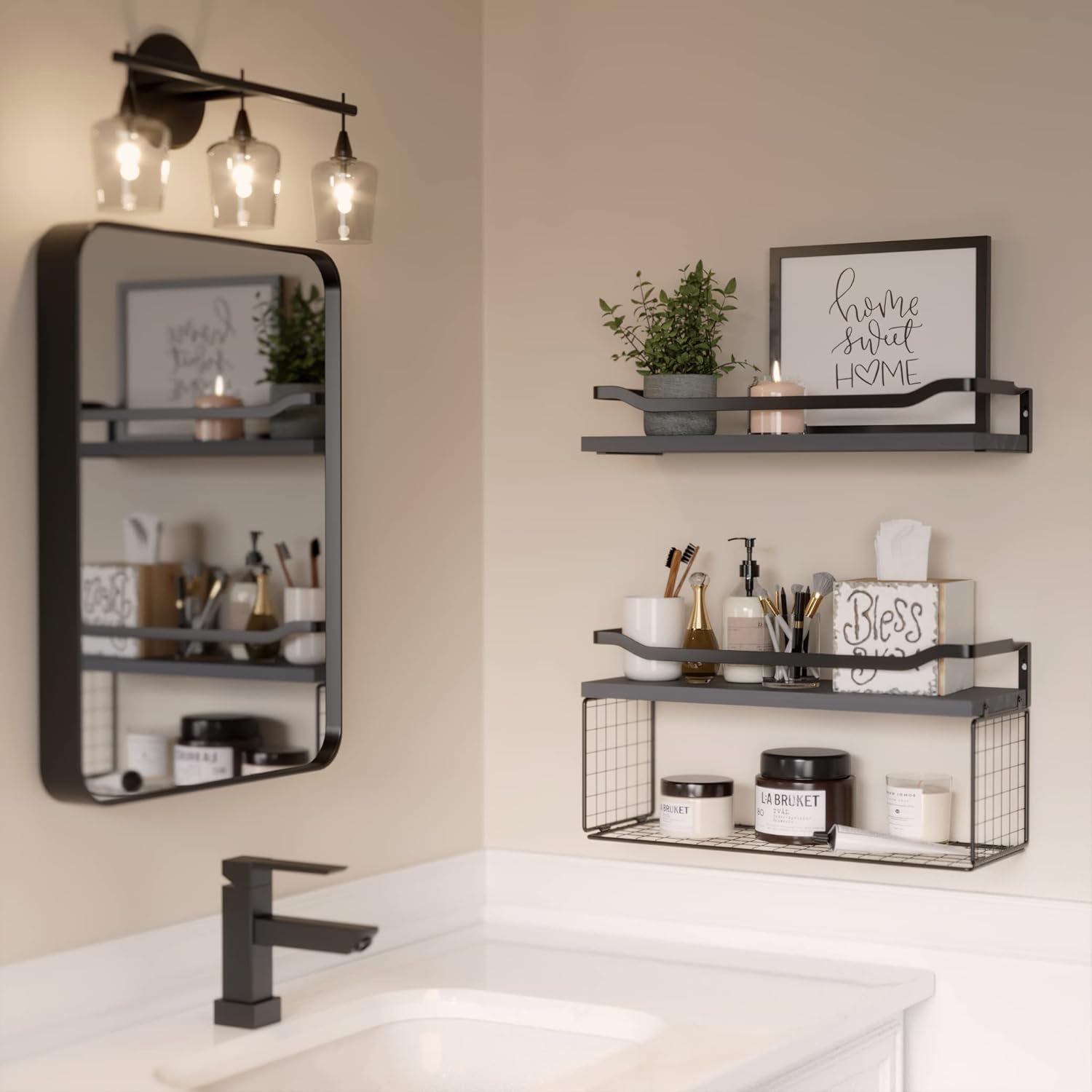 Floating Shelves with Wire Storage Basket, Bathroom Shelves, Wall Shelves