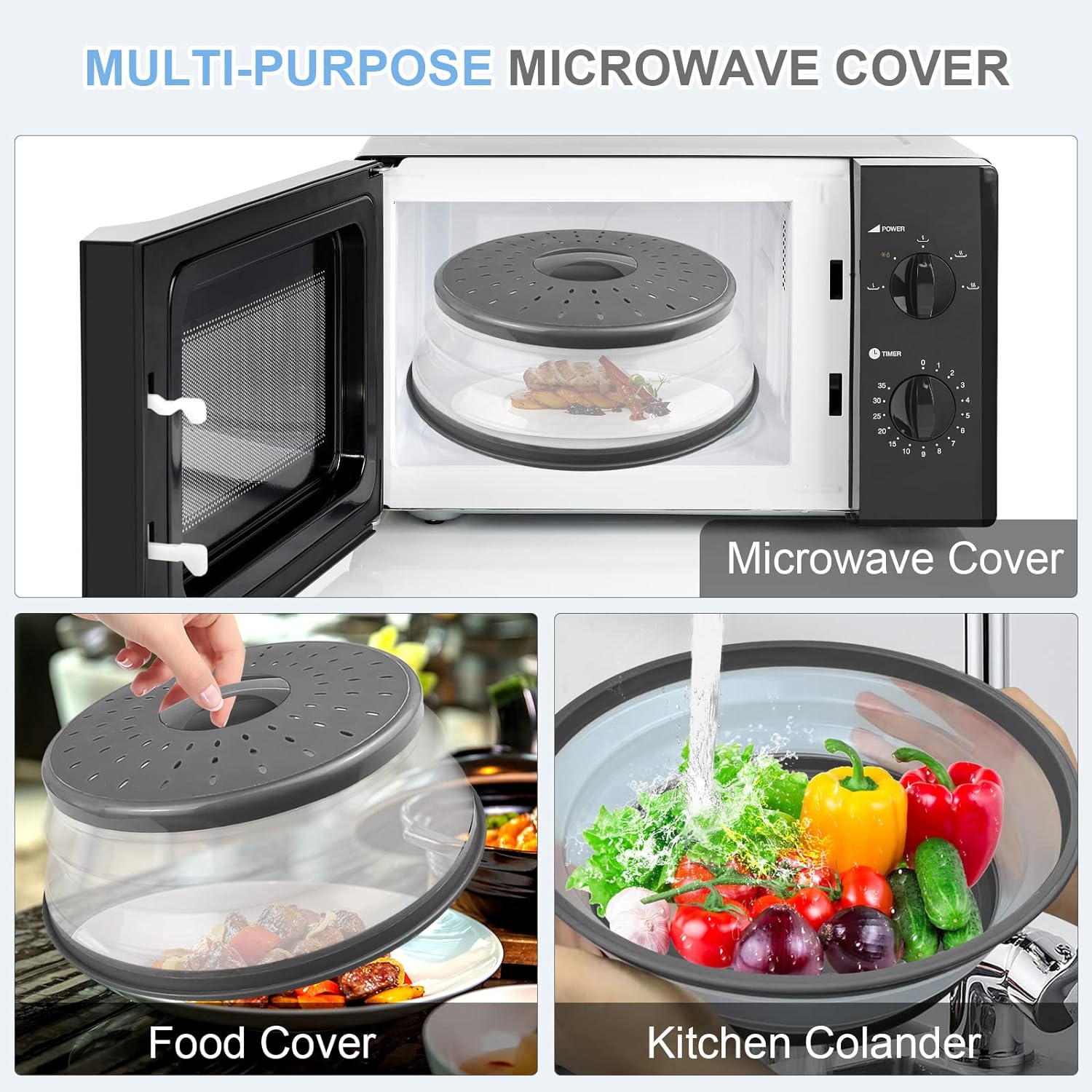 Microwave Food Cover, Collapsible Silicone Mat, Splatter Guard, Plate Holder, Kitchen Colander, Food Cover -10