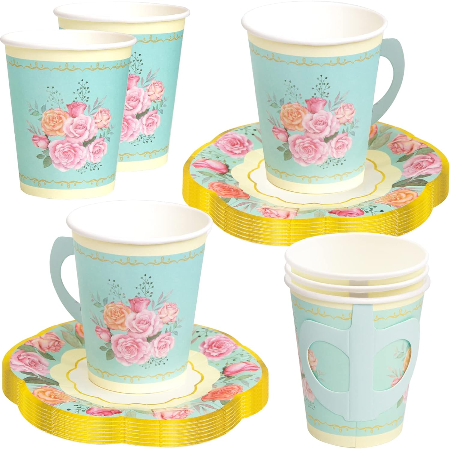 Tea Party Decorations, Paper Cups and Saucers, Disposable  Cups - 24 Sets