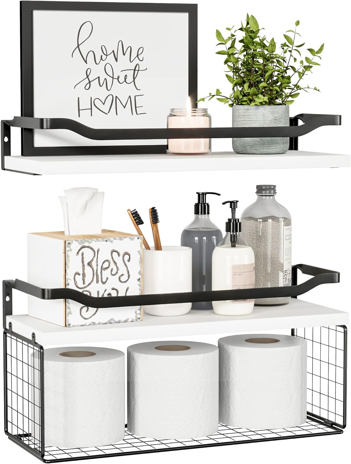 Floating Shelves with Wire Storage Basket, Bathroom Shelves, Wall Shelves