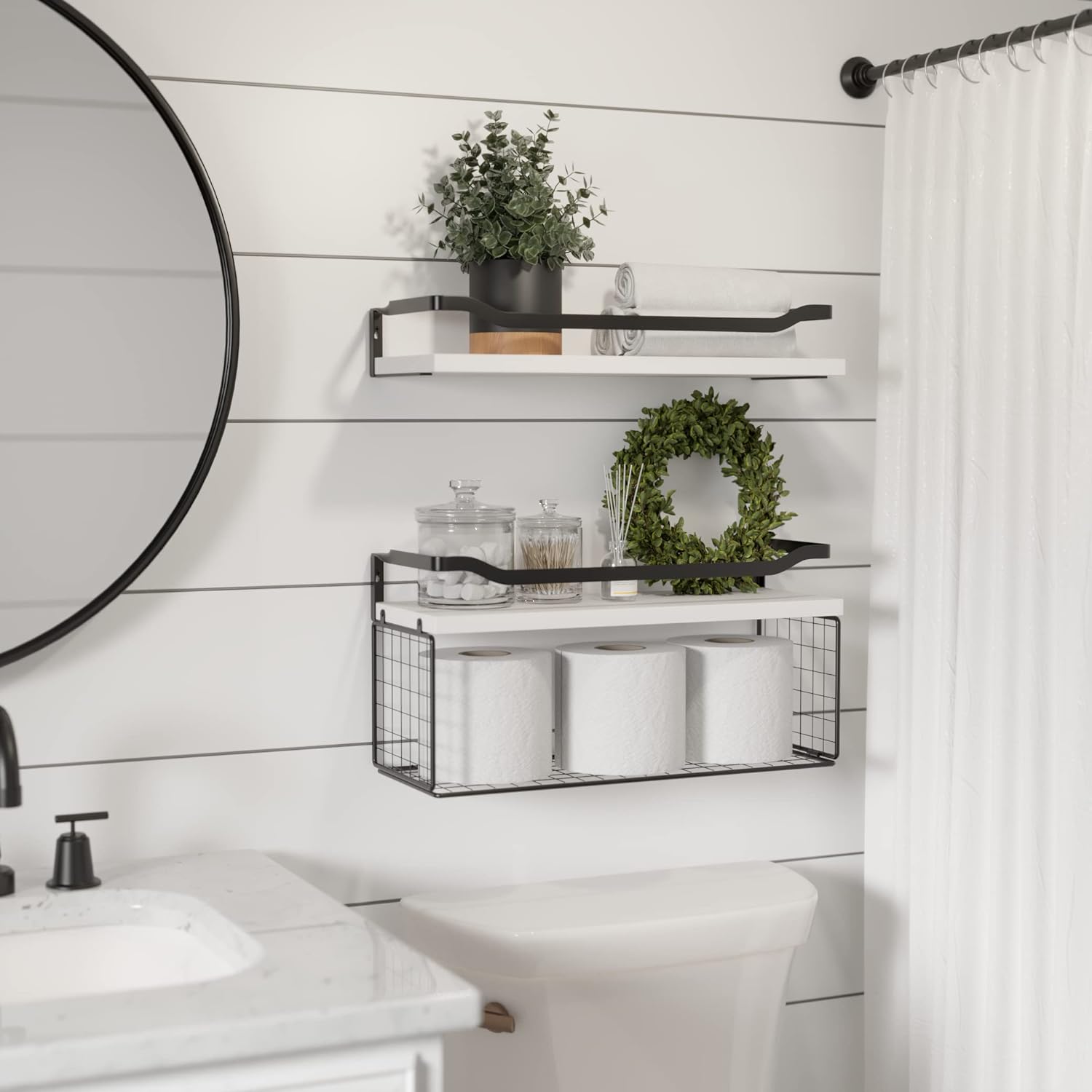 Floating Shelves with Wire Storage Basket, Bathroom Shelves, Wall Shelves