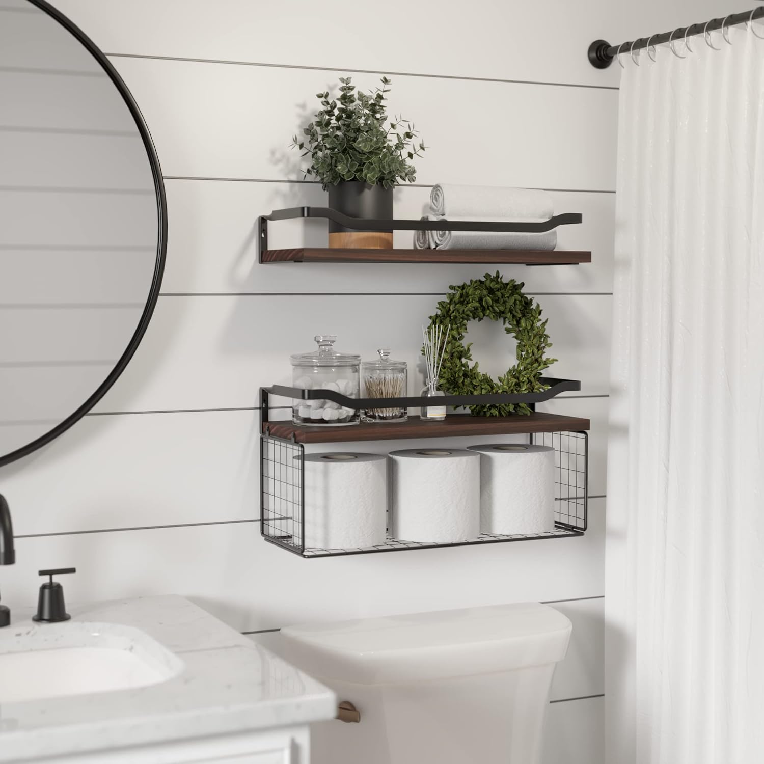 Floating Shelves with Wire Storage Basket, Bathroom Shelves, Wall Shelves