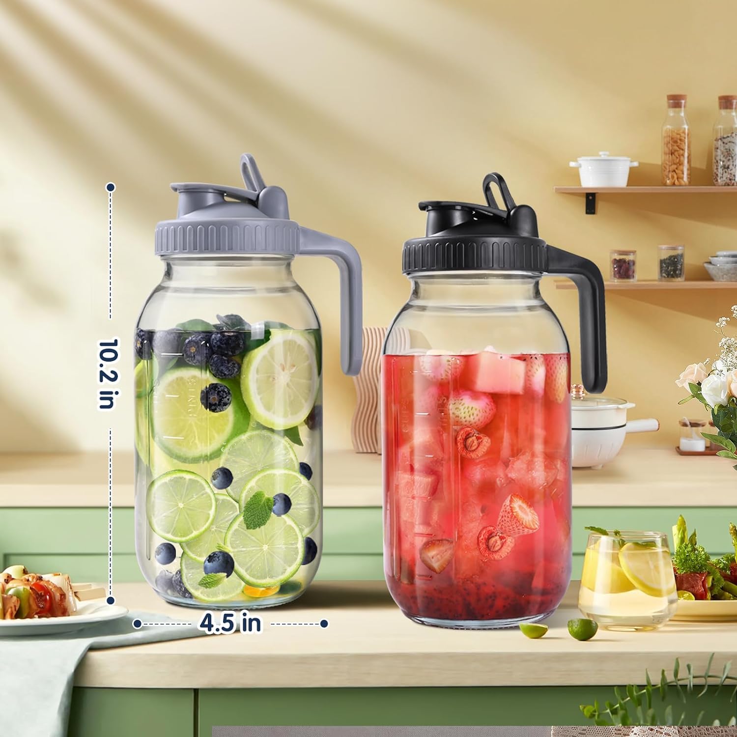 Glass Pitchers with Lid, Airtight Mason Jars, Water Jugs -Set of 2 (64oz)