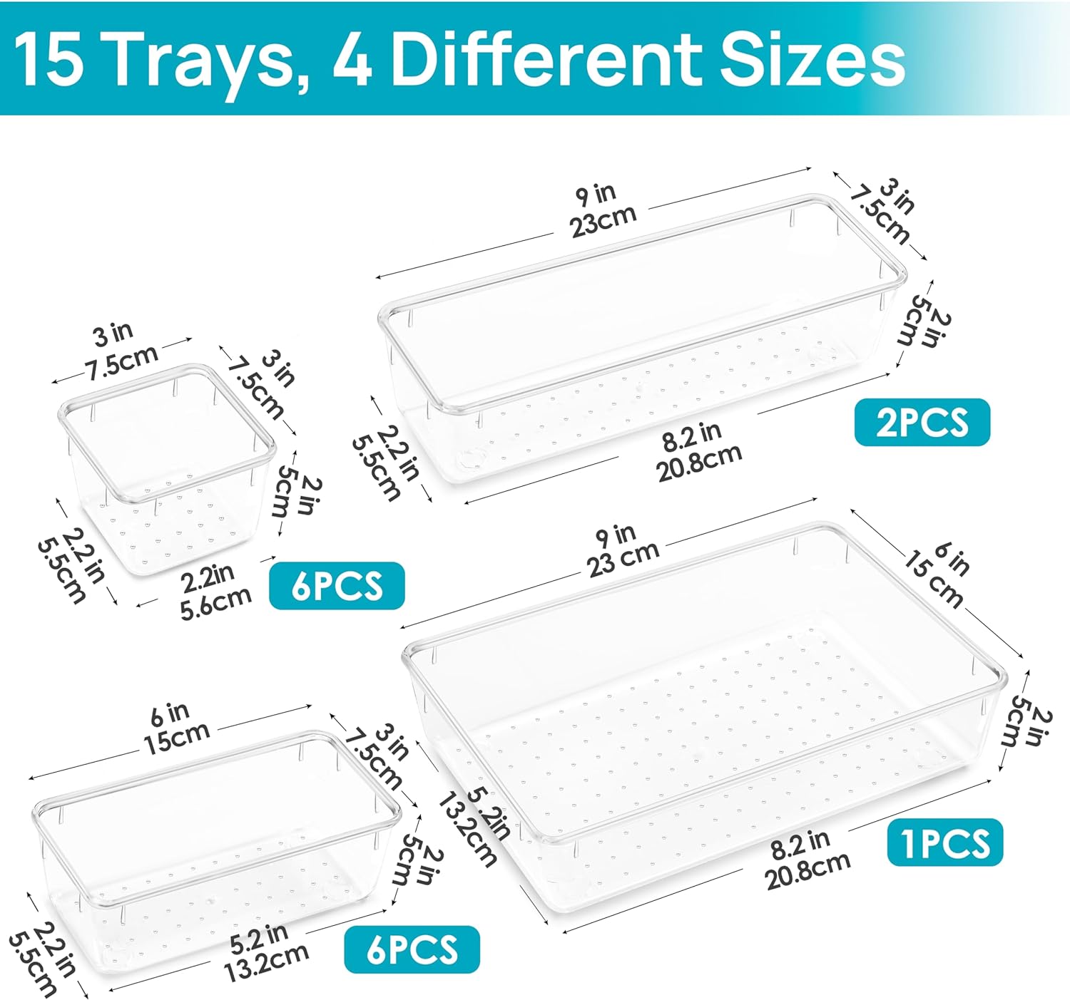 Clear Plastic Drawer Organizers, Bathroom and Vanity Drawer Organizer Trays, Storage Bins -15 Pcs