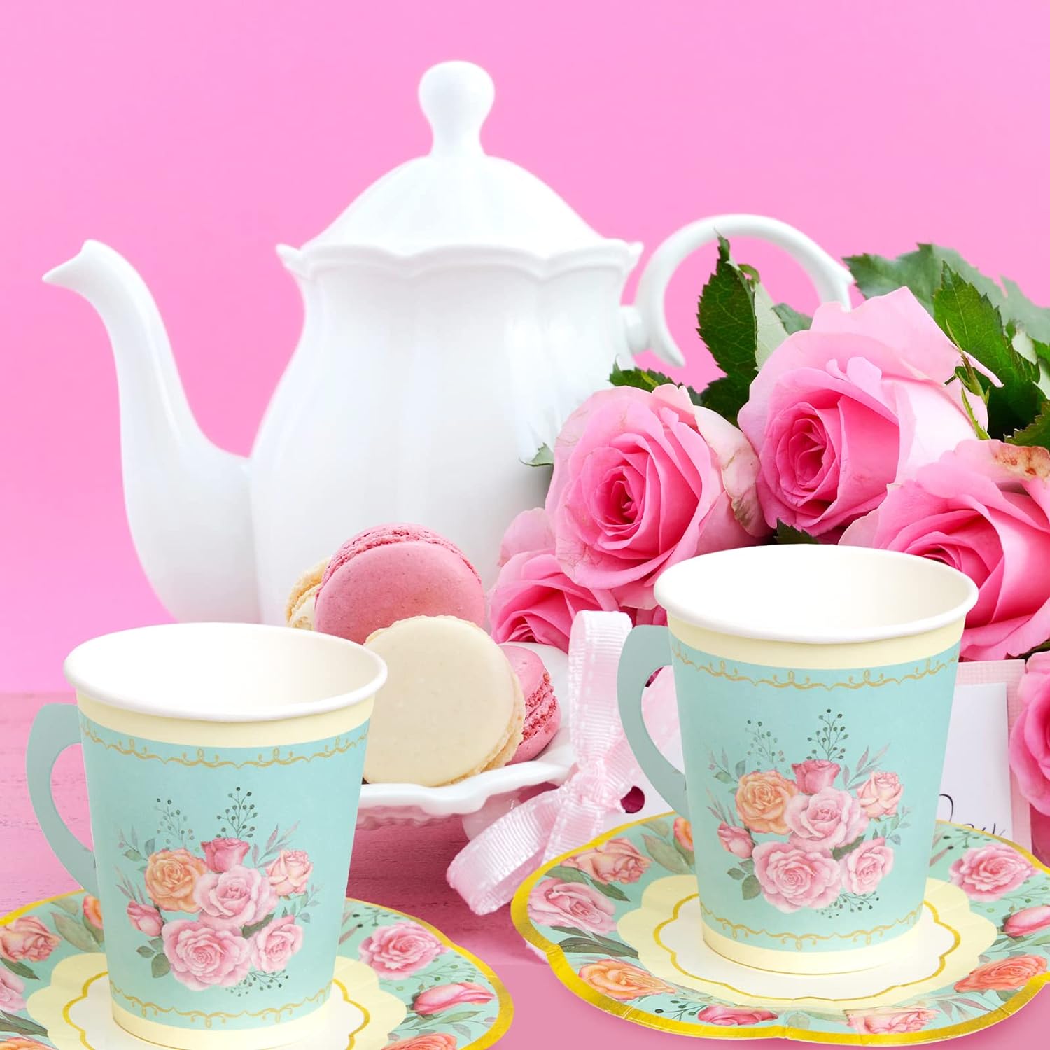 Tea Party Decorations, Paper Cups and Saucers, Disposable  Cups - 24 Sets