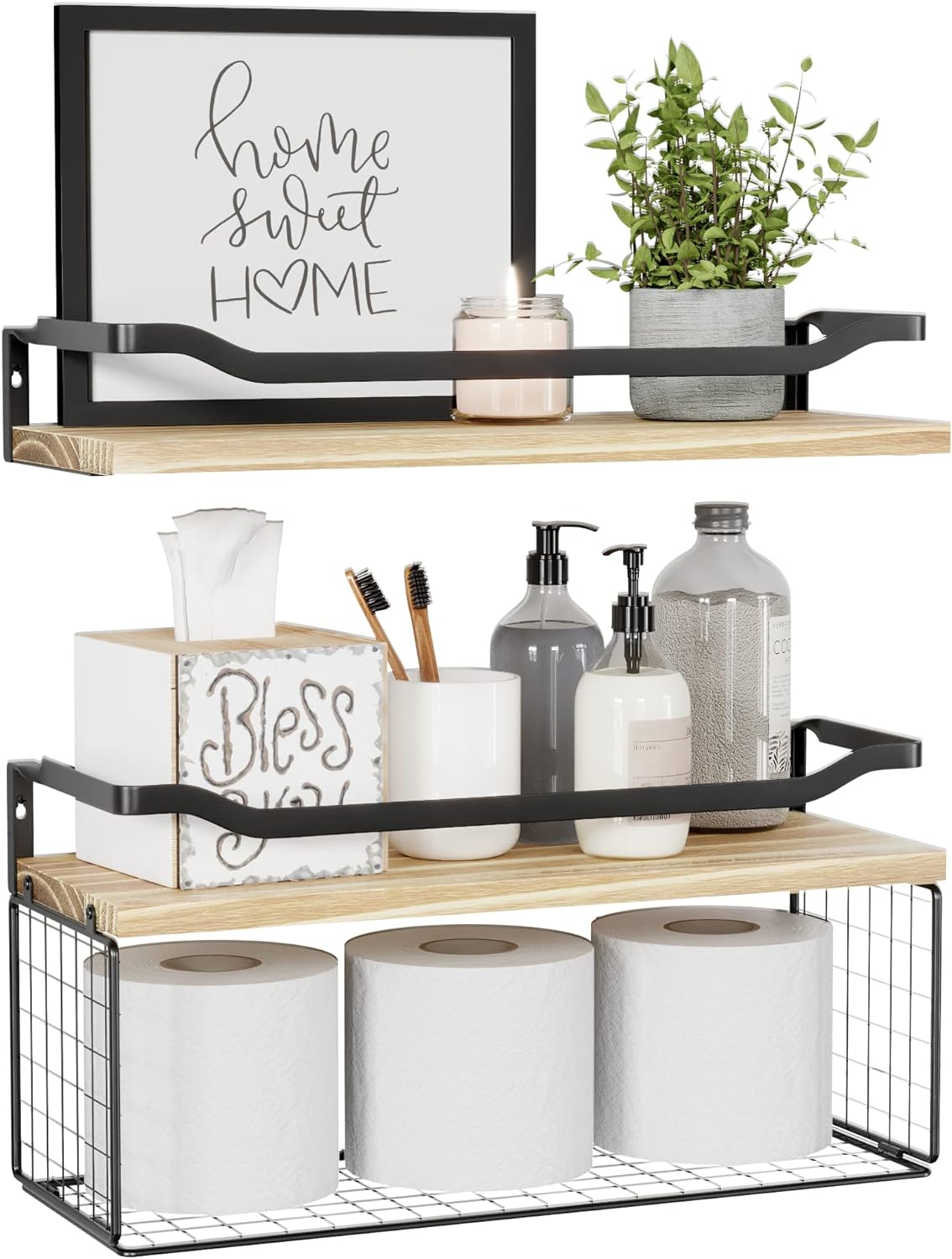 Floating Shelves with Wire Storage Basket, Bathroom Shelves, Wall Shelves