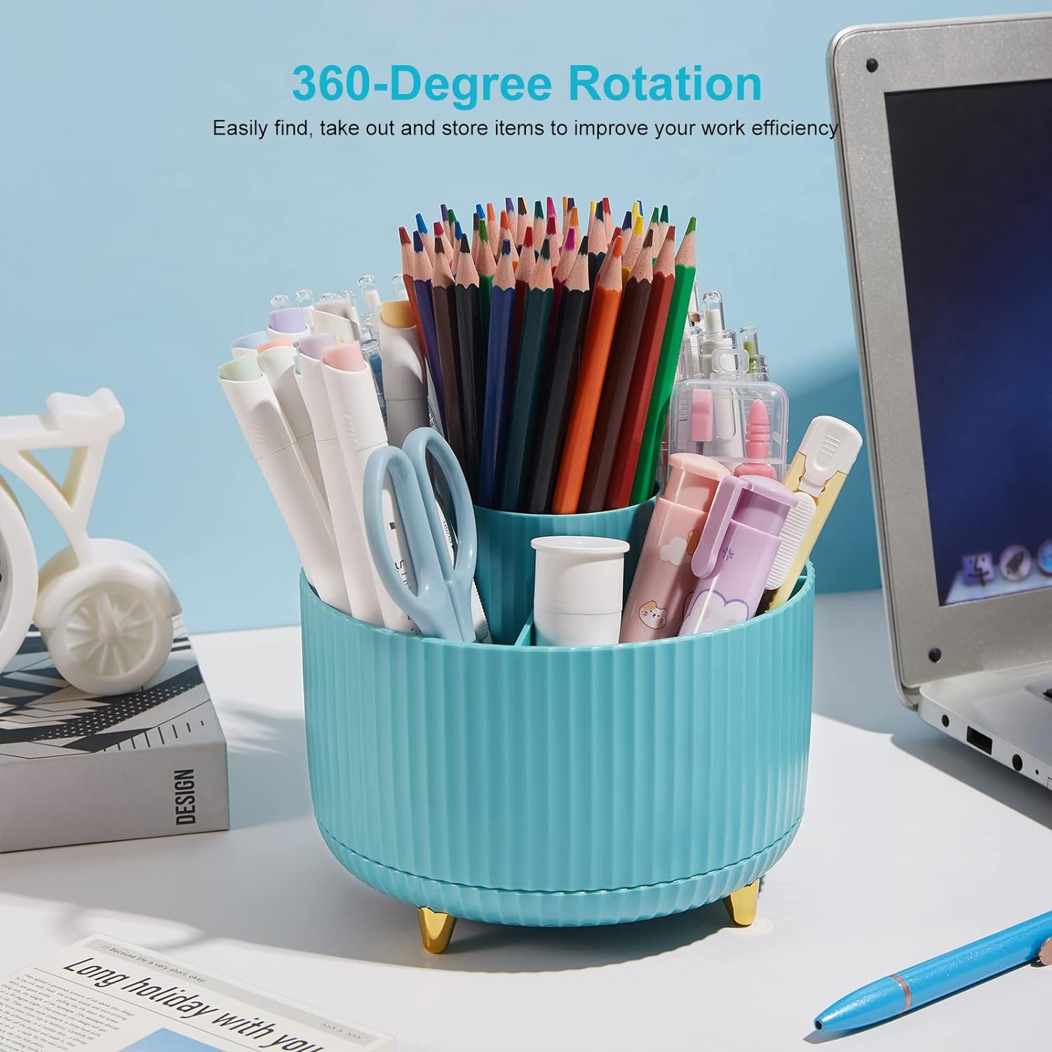 Desk Pencil Pen Holder, Rotating Desk Pen Organizers for Desk, Desktop Storage, Stationery Supplies for Office, School, Home -5 Slots