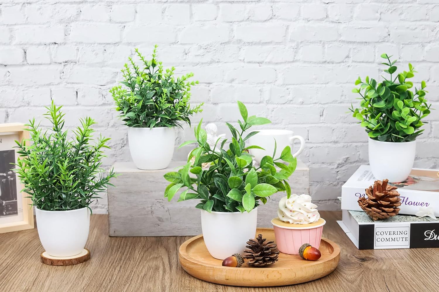 Faux Plants Indoor,  Mini Artificial Plants, Fake Plants for Home, Office, Shelf, Farmhouse Bathroom- 4 Packs