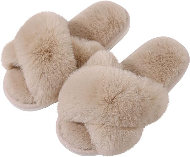 Women's Fuzzy Slippers, House Slippers, Open Toe Slippers