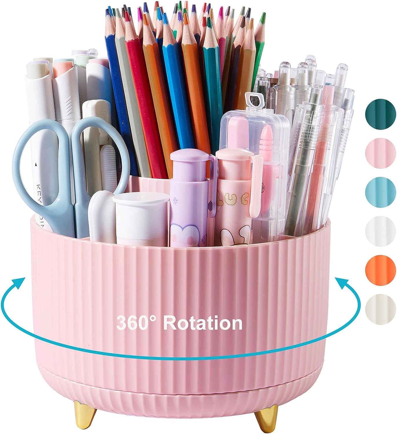 Desk Pencil Pen Holder, Rotating Desk Pen Organizers for Desk, Desktop Storage, Stationery Supplies for Office, School, Home -5 Slots