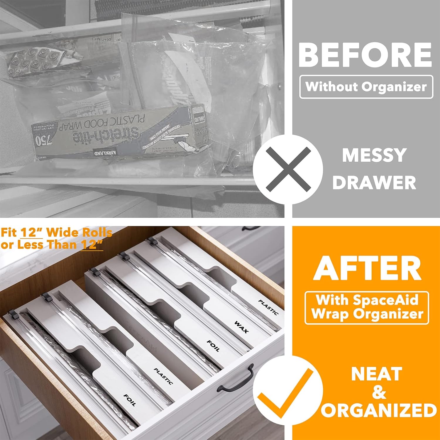 Wrap Organizer with Cutter and Labels, Plastic Wrap, Aluminum Foil and Wax Bamboo Dispenser, Storage Organization Holder -2 in 1 (12