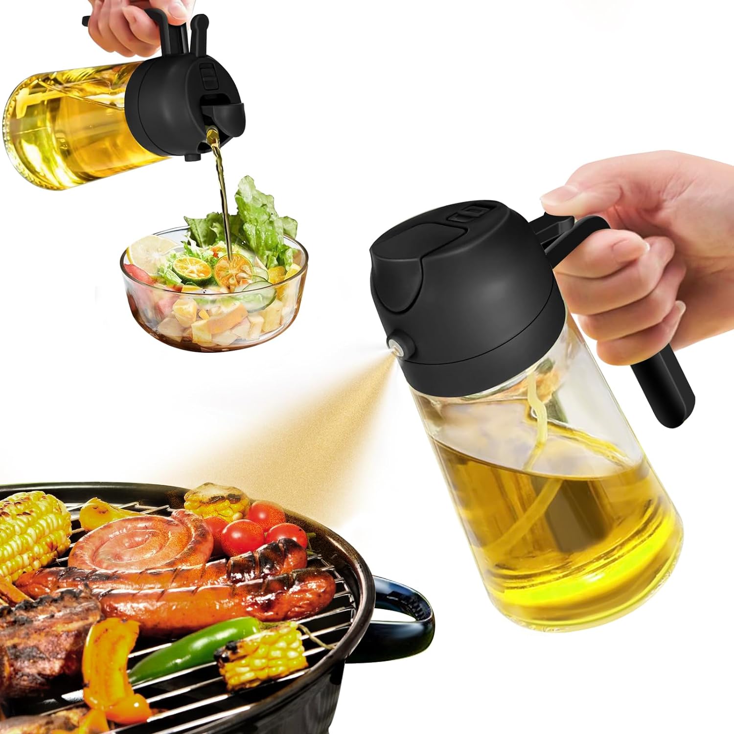 Oil Sprayer, Oil Dispenser Bottle, Glass Oil Bottle, Oil Spray Bottle, Food-grade Oil Mister for Air Fryer, Salad, Frying, BBQ -17oz/500ml (2 in 1)