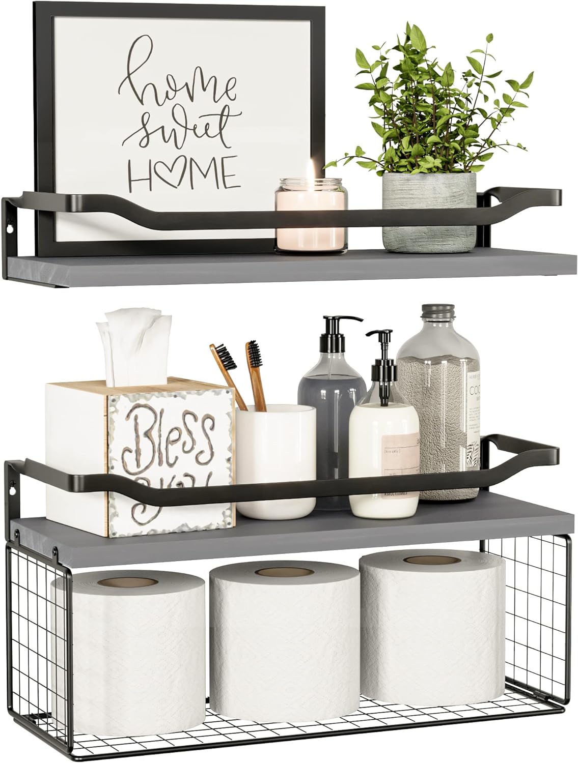 Floating Shelves with Wire Storage Basket, Bathroom Shelves, Wall Shelves