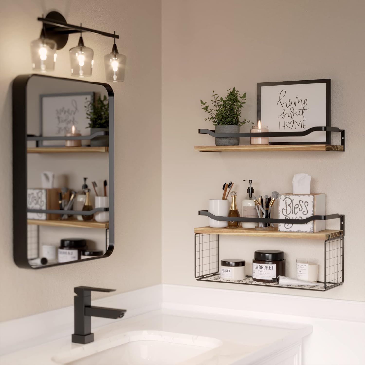 Floating Shelves with Wire Storage Basket, Bathroom Shelves, Wall Shelves