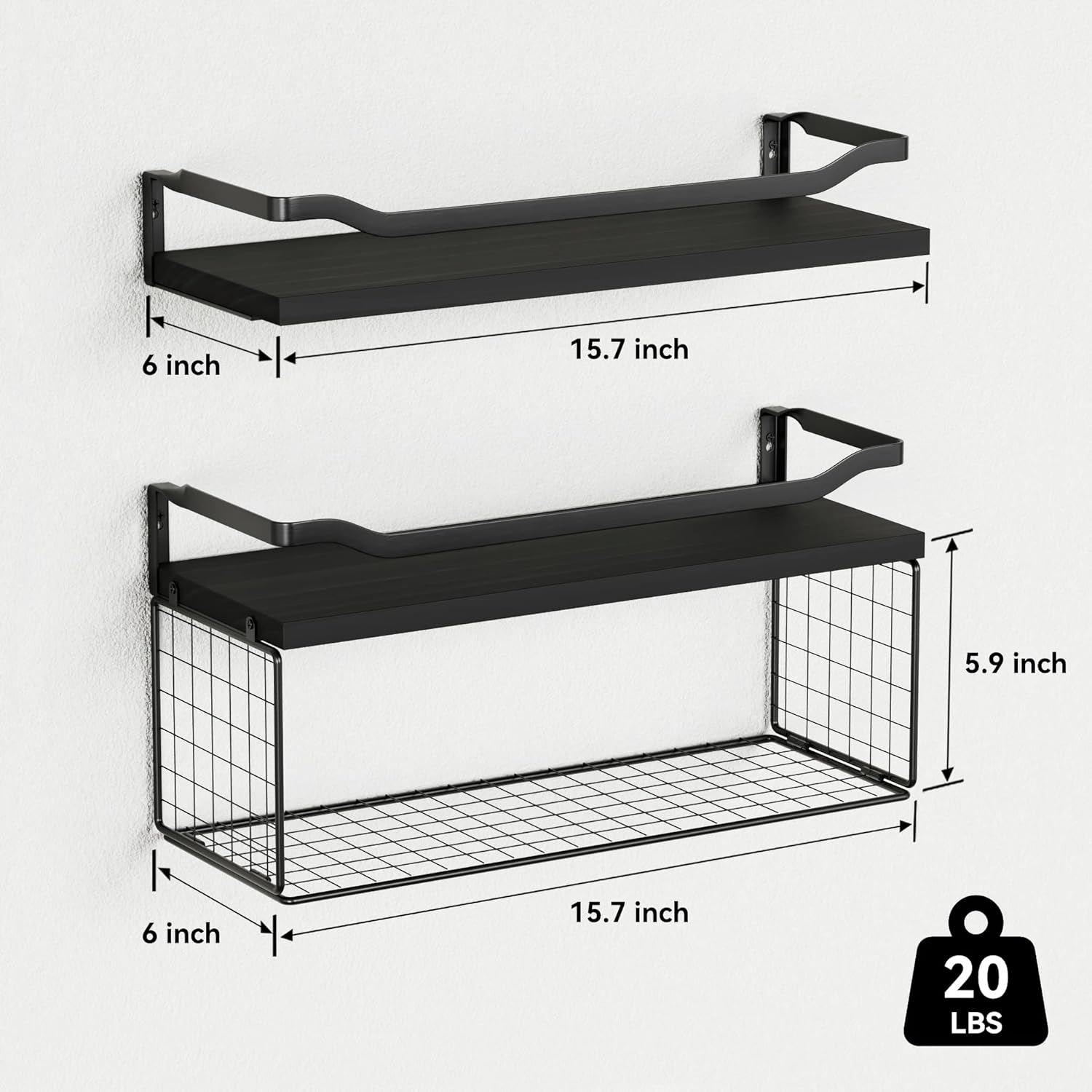 Floating Shelves with Wire Storage Basket, Bathroom Shelves, Wall Shelves