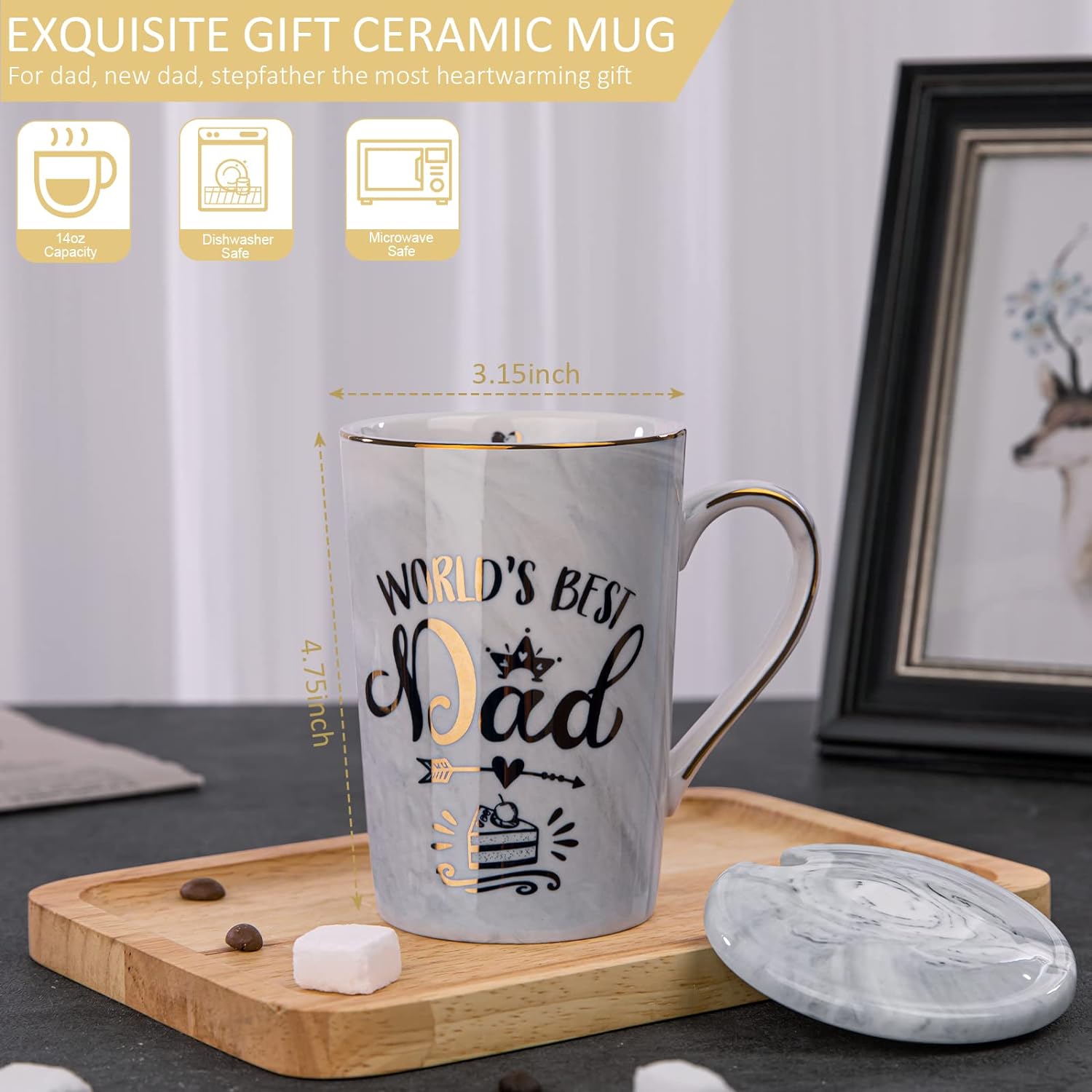 Mothers Day Gifts for Mom from Daughter, Son, Kids - World's Best Mom, Birthday Present, Marble Ceramic Coffee Cup with Lid Cards - 4oz