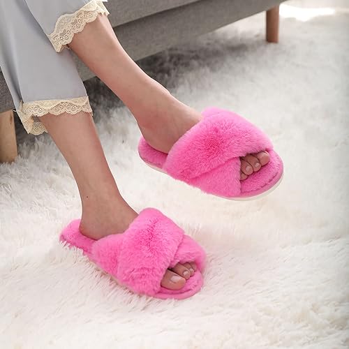 Women's Fuzzy Slippers, House Slippers, Open Toe Slippers