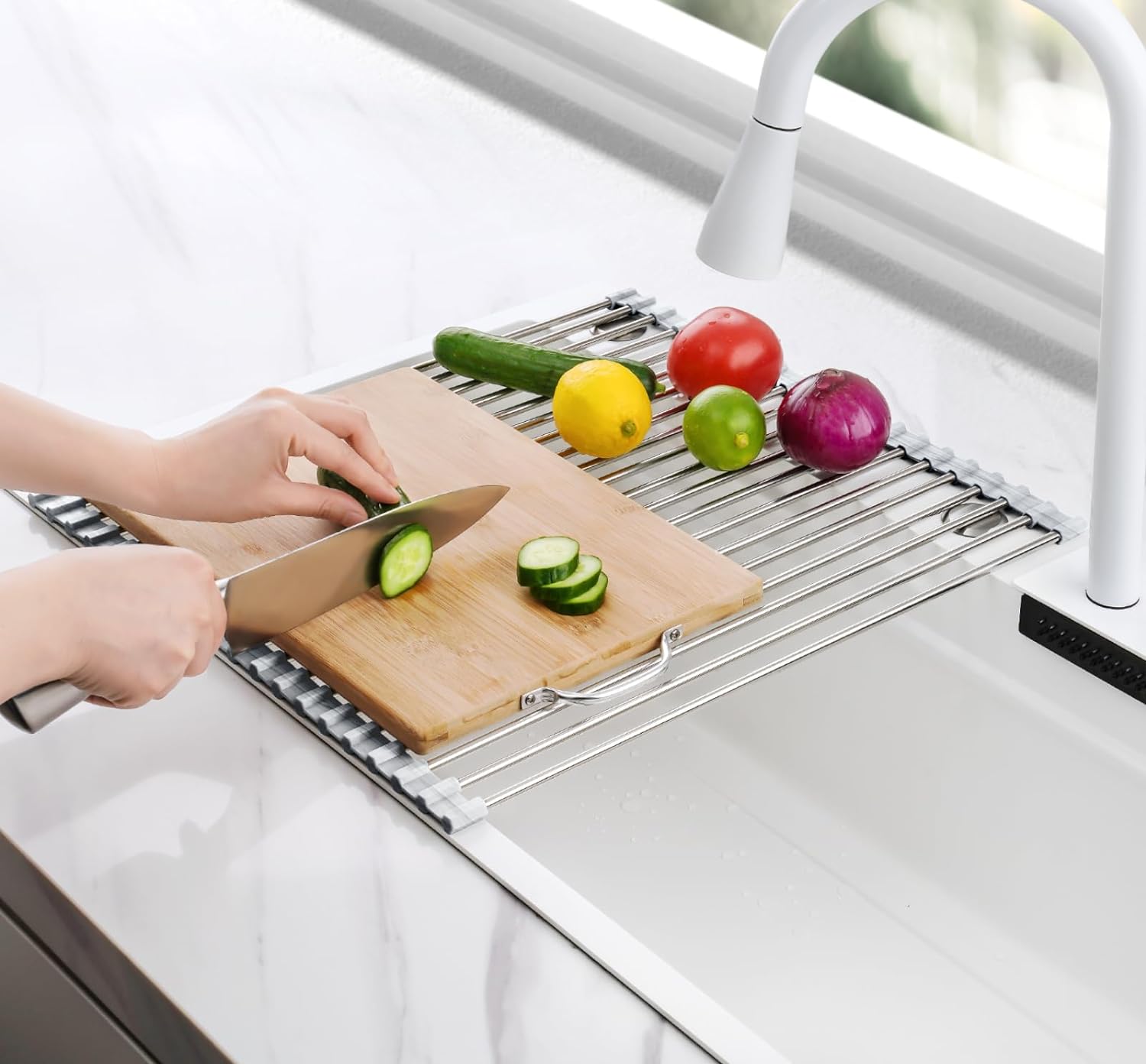 Roll-Up Dish Drying Rack, Silicone Edges, Foldable Kitchen Rack, Heat Resistant, Food Safe for Dishes, Cookware -Supports up to 70 lbs